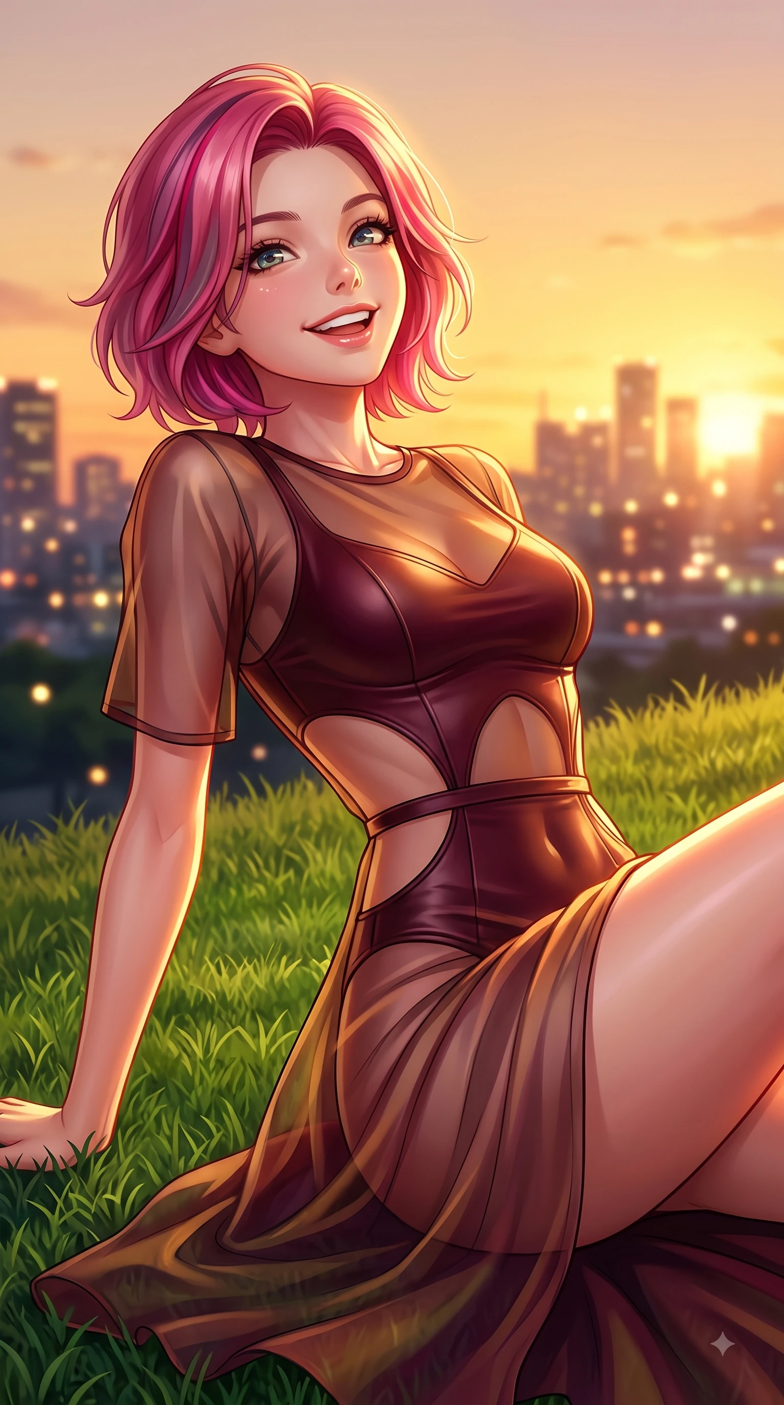 score_9, masterpiece, best quality, ultra-detailed, high-budget anime keyframe, editorial fashion photography, tasteful artistic composition, Caucasian woman. close-up cowboy shot from the waist and thighs up, the character dominates the composition, filling the frame with her large presence, background elements kept in soft focus. Youthful bright smile exuding pure cute charm and fresh energy, her torso turning dynamically into the lens while resting on her elbow on the grass while looking up with sparkling, happy eyes at the sunset, city skyline silhouettes twinkling softly in the warm sunset glow. She has an exceptionally elegant, slender, and willowy female figure with an ultra-slim waist, a gracefully sculpted slender torso, and a refined silhouette. sharp v-shaped jawline, high-bridge nose, intricate jewel-like eyes with depth, thick eyelashes, glossy lips with a natural sheen, flawlessly proportioned anatomical accuracy, natural body alignment, perfectly sculpted elegant limbs, clean dynamic posture without body distortion. wearing a semi-opaque sheer overlay dress over a leather micro-bodysuit in deep burgundy and bronze, woven from fine semi-opaque sheer organza, featuring clean architectural cutouts along her slender torso, the tailored fabric tightly following every curve of her athletic build. illuminated by soft glowing sunset reflections with cheerful golden rim lights. highly saturated vibrant anime colors, detailed shading with soft gradients, rich glossy textures, high-contrast stereoscopic depth, volumetric dynamic lighting, master piece, 9:16 ratio