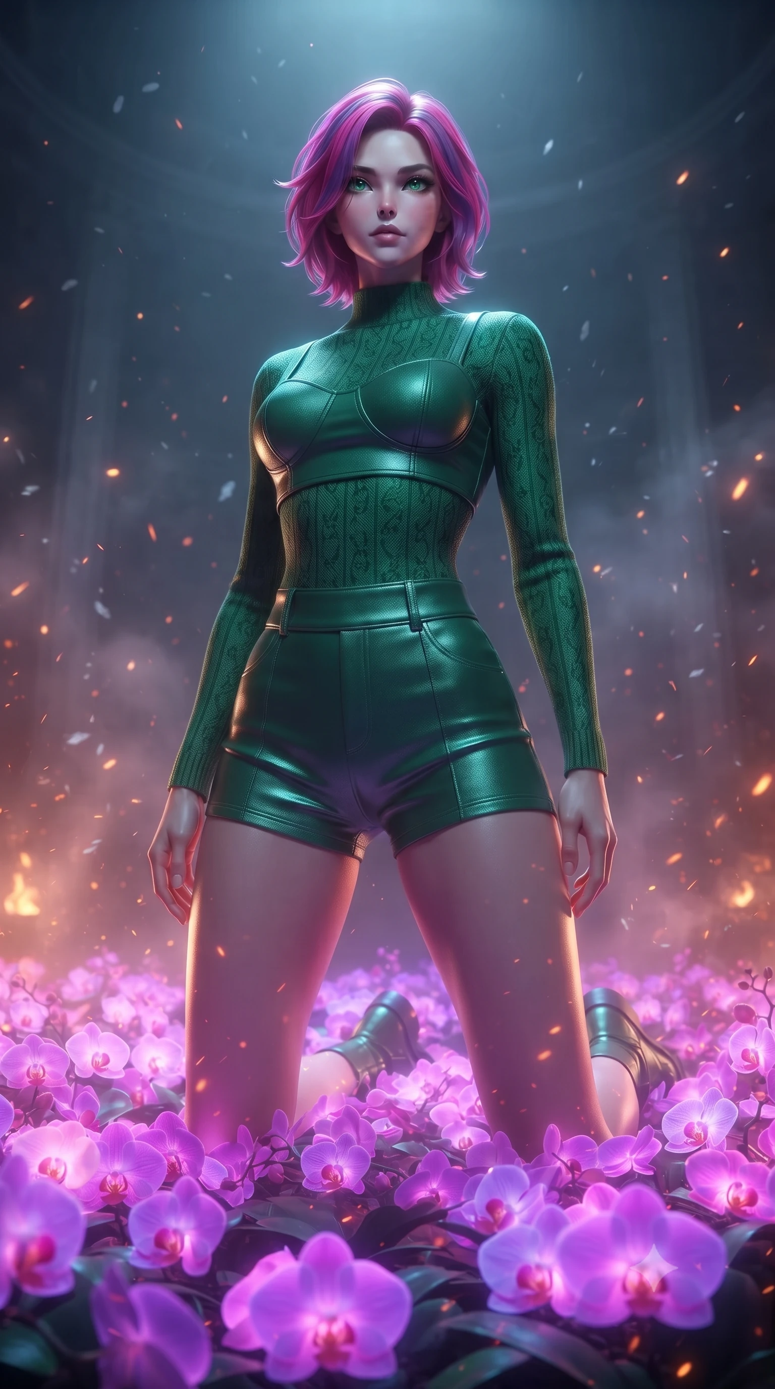 score_9, masterpiece, best quality, ultra-detailed, High-budget Anime Keyframe, editorial fashion photography, tasteful artistic composition, realistic cosplay photography, Caucasian woman, strictly human ears. Low angle cowboy shot filling the entire 9:16 frame with her statuesque presence. Scenario 433: kneeling on a soft bed of glowing neon orchids under a quiet chamber filled with glowing embers and floating ash particles. Her presence is magnetic and overpowering in this high-budget cinematic scene. Outfit 433: a tailored emerald green bodycon knit bodysuit worn over an opaque crop top and high-waisted shorts. The clothing is designed to emphasize her exceptionally tall and slender 8-heads proportion. 8-heads proportion, towering silhouette, ultra-slim waist. sharp v-shaped jawline, intricate jewel-like eyes with depth, thick eyelashes, glossy lips. ultra-reflective glossy finish, specular highlights, metallic sheen, high-contrast stereoscopic depth, volumetric dynamic lighting, 2k, ultra detail, master piece, 9:16 ratio