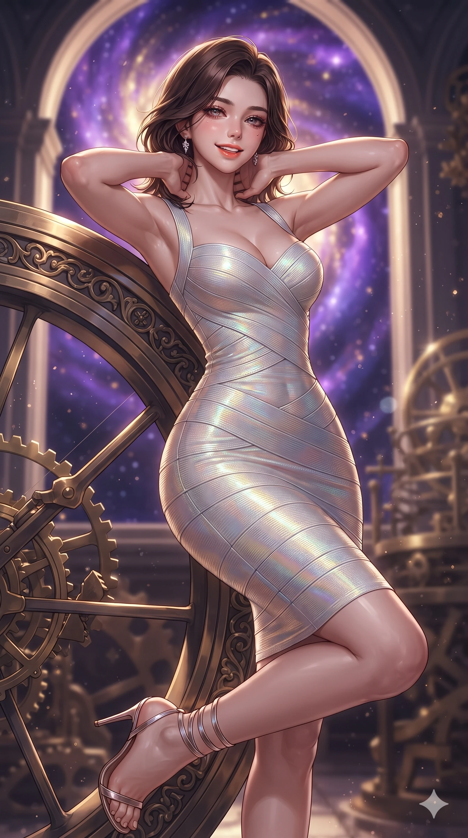 score_9, masterpiece, best quality, ultra-detailed, high-budget anime keyframe, editorial fashion photography, tasteful artistic composition, Korean woman. close-up cowboy shot from the waist and thighs up, the character dominates the composition, filling the frame with her large presence. resting both hands lightly behind her neck with elbows raised, arching her spine to highlight her narrow waist, flat midriff, and breathtaking collarbones while leaning against the massive escapement wheel with hips cocked back, watching glowing purple nebulae drift through soaring open arches with heavy-lidded bedroom-eyes. The background shows a soft-focus astronomical observatory particulate glow softened in celestial clockwork tower shallow focus. She has an exceptionally elegant, slender, and willowy female figure with an ultra-slim waist, flat toned midriff, narrow ribcage, and sculpted feminine hips creating an alluring, slim hourglass silhouette without bulk. sharp v-shaped jawline, high-bridge nose, intricate jewel-like sparkling eyes with depth, thick eyelashes, glossy parted lips with a natural peach sheen, bright cheerful beaming smile with an enchanting and coquettish sensual glint, exuding both youthful cute charm and seductive allure, flawlessly proportioned anatomical accuracy, strict slender model proportions, natural body alignment, perfectly sculpted long slender limbs, ultra-slim waistline, clean dynamic posture without body distortion. wearing a dense bandage knit cocktail dress with sweetheart neckline hugging her delicate ribcage and feminine hips in iridescent mother-of-pearl and liquid molten silver, made of fluid liquid jersey with seamless sculpting hold and smooth contours, complemented by strappy stiletto sandals with metallic ankle wraps accentuating her slender calves, the form-contouring silhouette accentuating her sculpted flat midriff, narrow delicate ribcage, and gracefully curvy hips with intoxicating allure. illuminated by gear train reflection bounce and sharp gold-violet rim lights sculpting her razor-sharp jawline, narrow waist, and curvy hips. ultra-reflective glossy finish, specular highlights, rich textural contrasts, high-contrast stereoscopic depth, volumetric dynamic lighting, 2k, ultra detail, master piece, 9:16 ratio