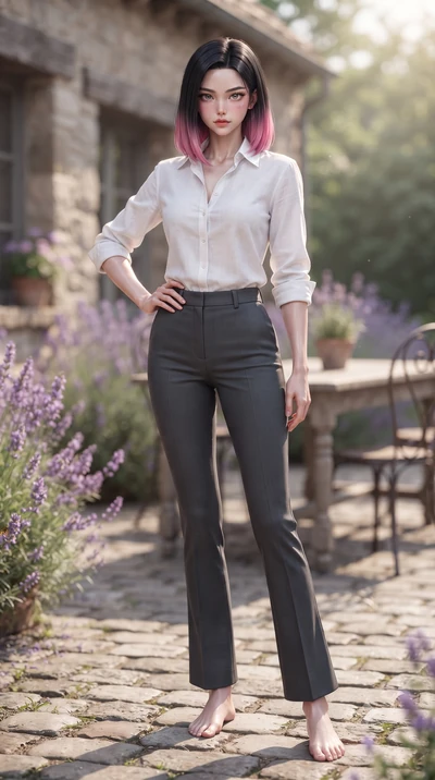 score_9, masterpiece, best quality, ultra-detailed, high-budget anime keyframe, editorial fashion photography, tasteful artistic composition, Korean woman woman. low angle full-body shot from head to toe showing her feet, filling the entire 9:16 vert