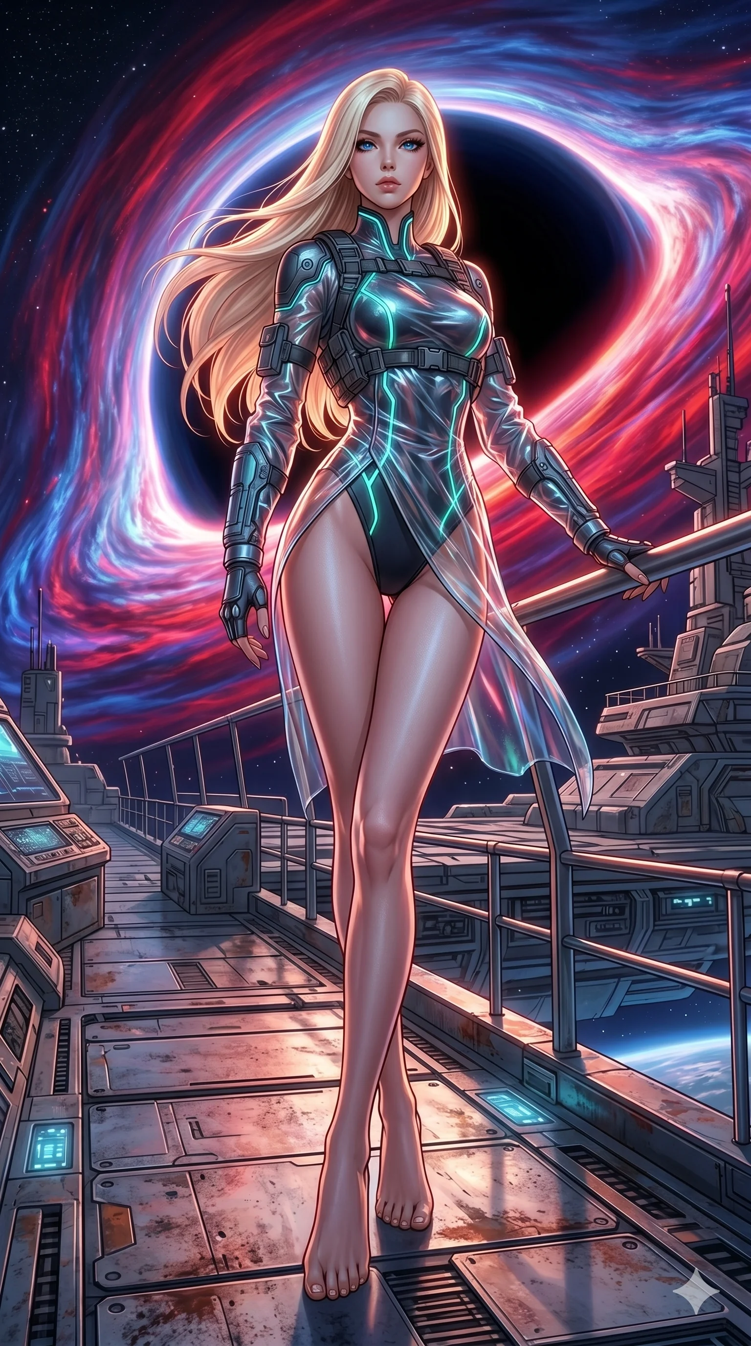 score_9, masterpiece, best quality, ultra-detailed, photorealistic 8k CG, hyper-detailed textures, ray-tracing, Korean woman. Dynamic full-body shot stretching the vertical silhouette with extreme perspective. standing on the deck of a ship as it sails into a black hole. She has an absolutely perfect 8-heads proportion, an exceptionally tall and slender female figure with an ultra-slim waist and impossibly long slender legs. strictly human anatomy, two legs only, no extra limbs, clearly defined legs and arms, perfect anatomy, perfect hands and fingers. sharp v-shaped jawline, high-bridge nose, intricate jewel-like eyes, thick eyelashes, glossy lips. Wearing Tech-Fantasy: Cybernetic tech-suit with glowing seams, translucent PVC over leotard, and modular tactical gear. The scene is illuminated by dramatic atmospheric lighting and vibrant color palettes. , 2k, ultra detail, master piece, 9:16 ratio