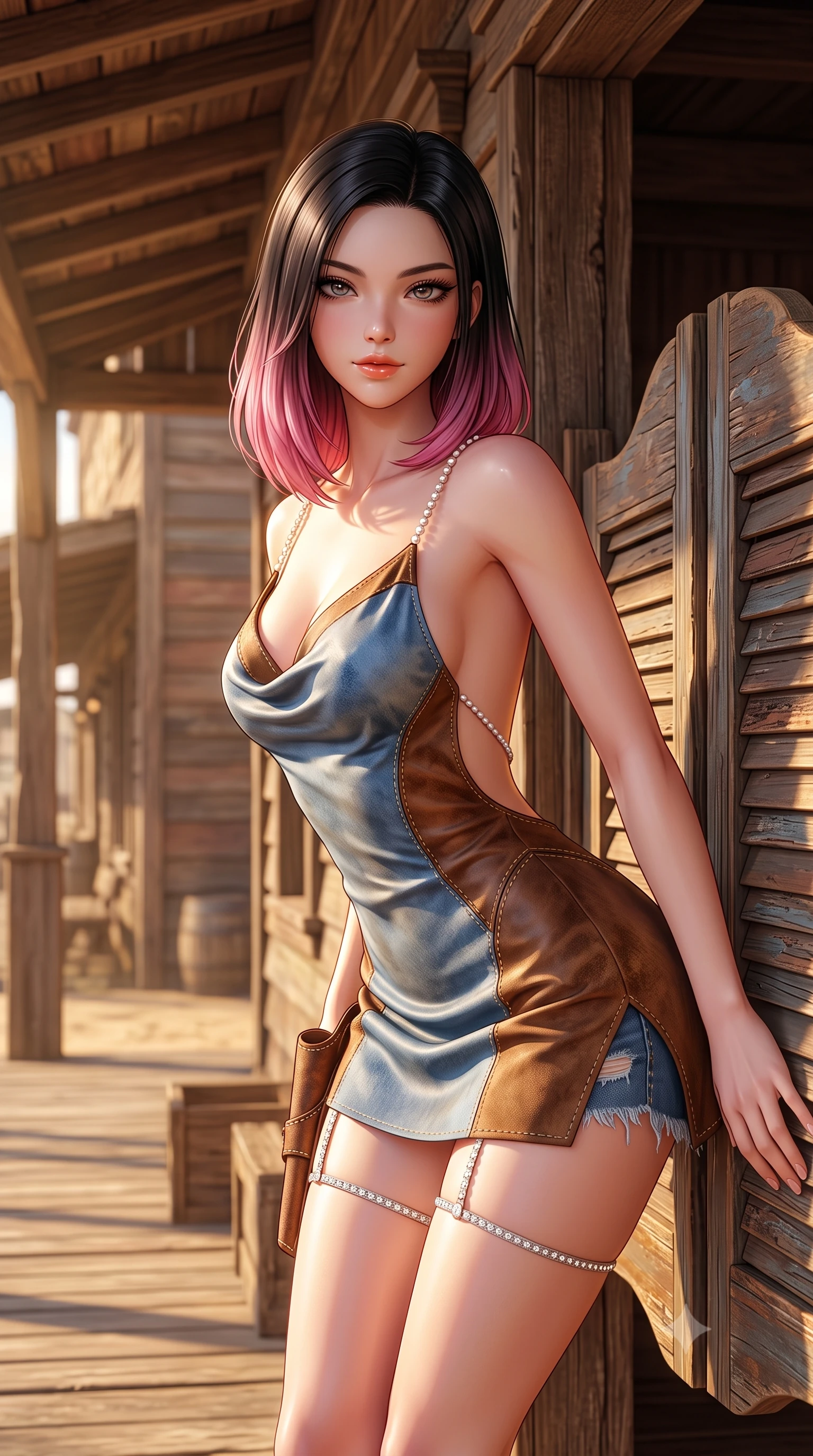 score_9, masterpiece, best quality, ultra-detailed, high-budget anime keyframe, semi-realistic 3D game render, editorial fashion photography, tasteful artistic composition, Korean woman. close-up cowboy shot from the waist and thighs up, the character dominates the composition, filling the frame with her large presence. leaning forward while arching her lower back to accentuate her curvy hips, looking into the camera with an intoxicating smoldering gaze and bedroom-eyes while leaning against the weathered saloon swinging doors with hips cocked back, looking through thick eyelashes with a smoldering bedroom-gaze. The surrounding environment is rendered in vivid detail and crisp panoramic clarity: detailed denim cutoff fray, leather holster stitching, and historic frontier timber framing in high resolution. She has an exceptionally elegant, slender, and willowy female figure with an ultra-slim waist, flat toned midriff, narrow ribcage, and sculpted feminine hips creating an alluring, slim hourglass silhouette without bulk. sharp v-shaped jawline, high-bridge nose, sparkling eyes with hypnotic seductive depth, thick curled eyelashes, glossy parted lips with a natural dewy peach sheen, alluring bedroom-eyes with an enchanting coquettish smile, exuding magnetic siren charisma and sophisticated glamour, flawlessly proportioned anatomical accuracy, strict slender model proportions, natural body alignment, perfectly sculpted long slender limbs, ultra-slim waistline, clean dynamic posture without body distortion. wearing a slinky backless cowl-neck silk satin beach slip mini dress with dainty pearl spaghetti straps in distressed whiskey leather brown and sun-bleached denim blue, tailored from ultra-soft distressed suede with velvety hand-feel and rich shadow depth, finished with delicate crystal-encrusted thigh garter straps glinting in the sunlight, the precision-cut side openings and low-back scoop framing her graceful spine and the sensual sweep of her slim, toned hips. bathed in late afternoon golden sunlight filtering horizontally under the timber porch eaves. highly saturated vibrant anime colors, detailed shading with soft gradients, rich glossy textures, high-contrast stereoscopic depth, volumetric dynamic lighting, master piece, 9:16 ratio