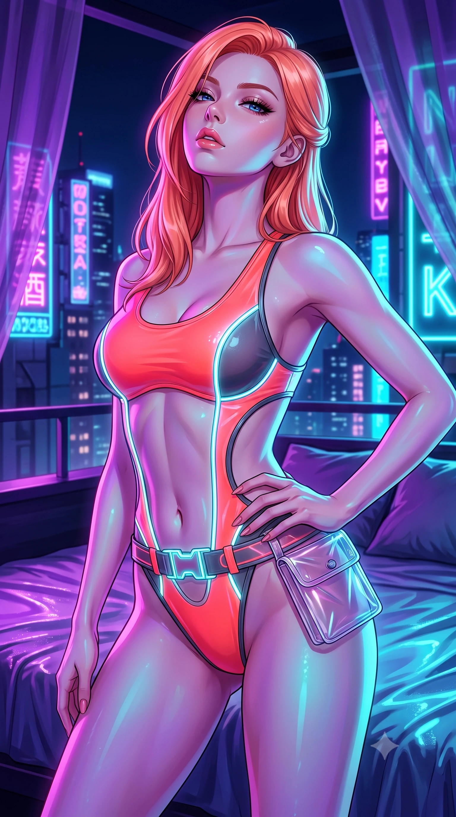 score_9, masterpiece, best quality, ultra-detailed, high-budget anime keyframe, semi-realistic 3D game render, editorial fashion photography, tasteful artistic composition, Japanese woman. close-up cowboy shot from the waist and thighs up, the character dominates the composition, filling the frame with her large presence. tilting her chin up with proud, sovereign allure while gazing through thick eyelashes, one hand resting on her waist in pure supermodel charisma while lounging in a private VIP cabana bed propped on one hip, parted lips glistening as purple and cyan neon reflections wash over her body. The surrounding environment is rendered in vivid detail and crisp panoramic clarity. detailed neon sign typography, wet fabric sheen, and night skyline reflections in high clarity. She has an exceptionally elegant, slender, and willowy female figure with an ultra-slim waist, a gracefully sculpted slender torso, toned flat midriff, and rounded feminine hips creating an alluring hourglass silhouette. sharp v-shaped jawline, high-bridge nose, intricate jewel-like eyes with depth, thick eyelashes, glossy parted lips with a natural sheen, intensely captivating and seductive bedroom-eyes expression, flawlessly proportioned anatomical accuracy, strict slender model proportions, natural body alignment, perfectly sculpted long slender limbs, ultra-slim waistline, clean dynamic posture without body distortion. wearing a futuristic high-cut cyber monokini with neon LED piping and daring side-waist cutouts in blazing neon coral and graphite grey, made of semi-translucent cybernetic vinyl with glowing micro-filaments, finished with a neon LED belt buckle and translucent vinyl tool pouch, the precision-cut side openings and low-back scoop framing her graceful spine and the sensual sweep of her hips. surrounded by an electrifying, hypnotic, and irresistibly provocative nightlife goddess aura. highly saturated vibrant anime colors, detailed shading with soft gradients, rich glossy textures, high-contrast stereoscopic depth, volumetric dynamic lighting, master piece, 9:16 ratio