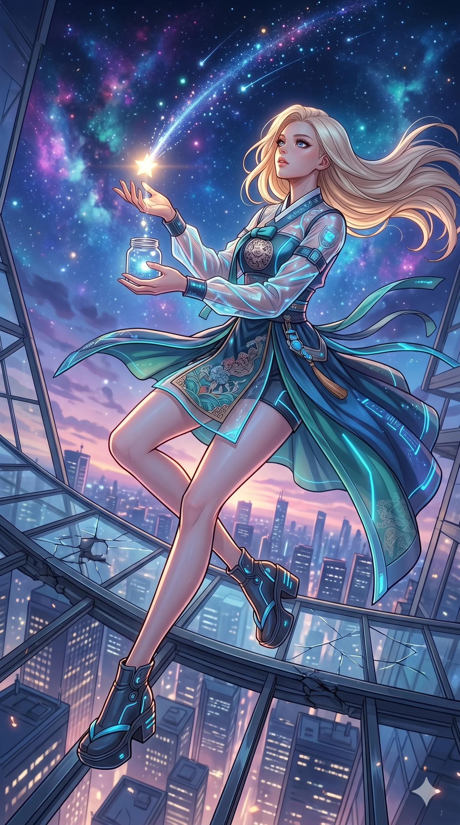 score_9, masterpiece, best quality, ultra-detailed, high-budget anime movie keyframe, cinematic anime lighting, intricate line art, Korean anime girl. Dynamic full-body shot stretching the vertical silhouette with extreme perspective. twisting in mid-air to catch a falling star in a jar. She has an absolutely perfect 8-heads proportion, an exceptionally tall and slender female figure with an ultra-slim waist and impossibly long slender legs. strictly human anatomy, two legs only, no extra limbs, clearly defined legs and arms, perfect anatomy, perfect hands and fingers. sharp v-shaped jawline, high-bridge nose, intricate jewel-like eyes, thick eyelashes, glossy lips. Wearing Modern Traditional: Shortened cyber-hanbok with fusion silk robes and transparent panels. The scene is illuminated by dramatic atmospheric lighting and vibrant color palettes. , 2k, ultra detail, master piece, 9:16 ratio