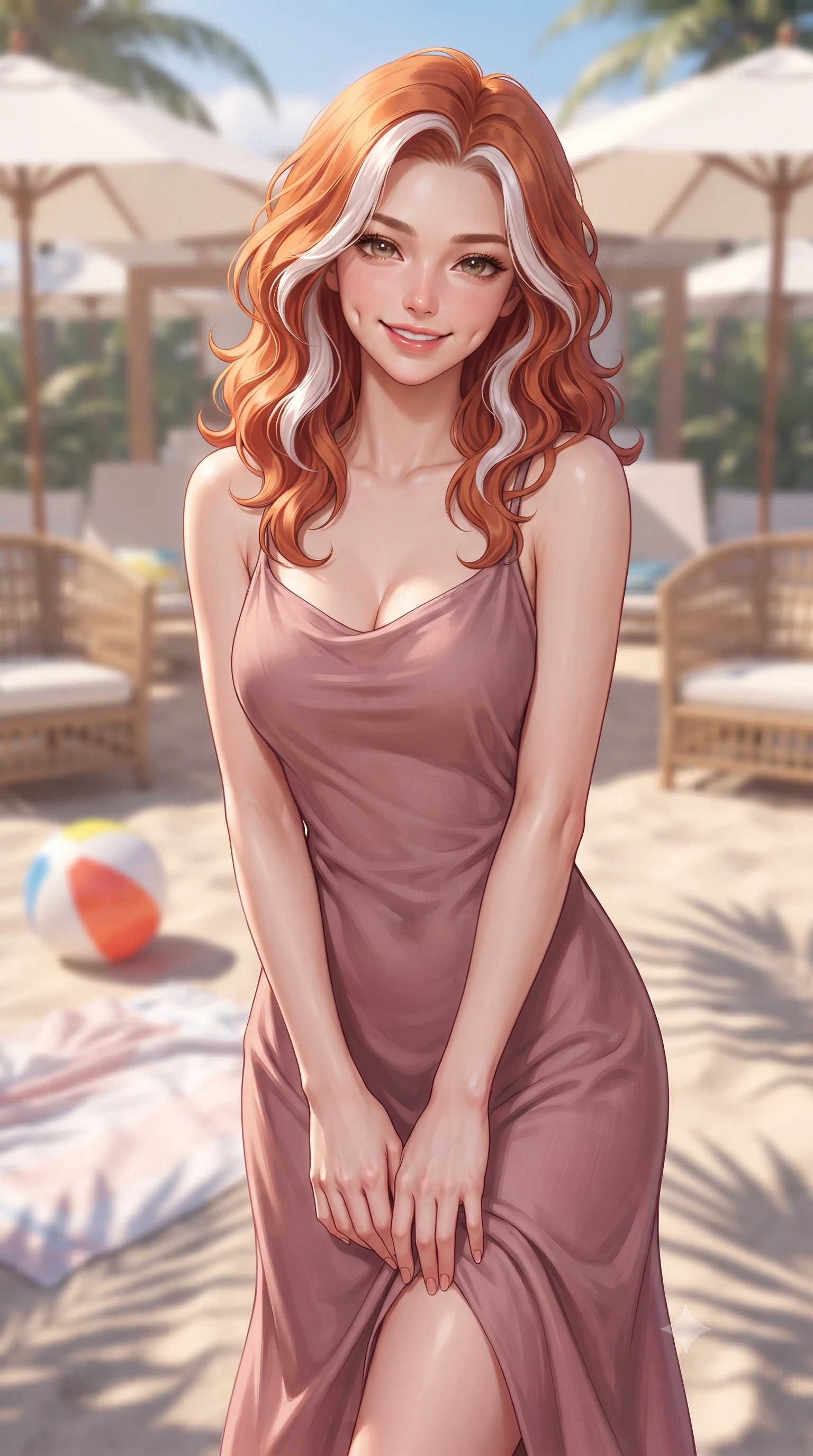 score_9, masterpiece, best quality, ultra-detailed, high-budget anime keyframe, editorial fashion photography, tasteful artistic composition, Caucasian woman. close-up cowboy shot from the waist and thighs up, the character dominates the composition, filling the frame with her large presence, background elements kept in soft focus. smiling with soft, captivating dimples, casting a warm yet magnetic gaze directly into the lens set against a soft-focus background of on a sunny beach patio with rattan chairs and white umbrellas with a colorful beach ball and a soft cotton towel on the sand nearby. She has an exceptionally elegant, slender, and willowy female figure with an ultra-slim waist, a gracefully sculpted slender torso, and a refined silhouette. sharp v-shaped jawline, high-bridge nose, intricate jewel-like eyes with depth, thick eyelashes, glossy lips with a natural sheen. wearing form-contouring flowy linen sundress in dusty rose, draped softly and comfortably. soft late afternoon sunbeams casting long shadows of palm leaves on the sand. highly saturated vibrant anime colors, detailed shading with soft gradients, rich glossy textures, high-contrast stereoscopic depth, volumetric dynamic lighting, master piece, 9:16 ratio