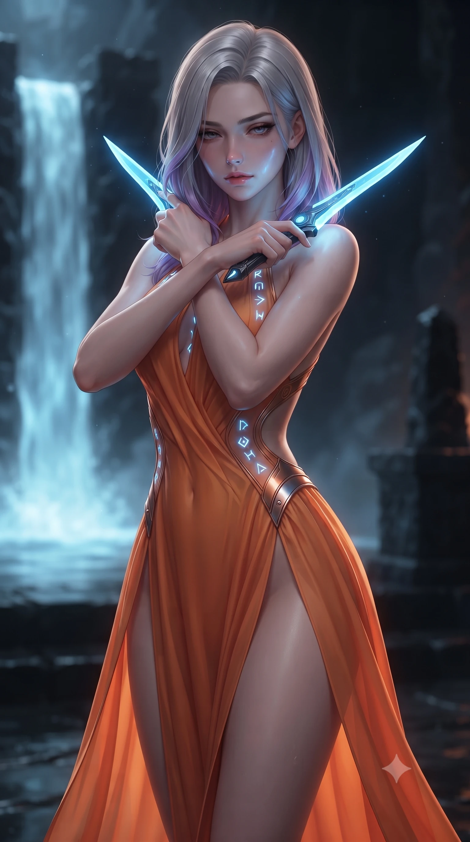 score_9, masterpiece, best quality, ultra-detailed, high-budget anime keyframe, editorial fashion photography, tasteful artistic composition, Caucasian woman. close-up cowboy shot from the waist and thighs up, the character dominates the composition, filling the frame with her large presence, background elements kept in soft focus. holding two energy daggers crossed in front of her elegant collarbone, casting a heavy-lidded, sultry look, the background shows a soft-focus a temple altar near a plasma waterfall, built from black obsidian stone. She has an exceptionally elegant, slender, and willowy female figure with an ultra-slim waist, a gracefully sculpted slender torso, and a refined silhouette. sharp v-shaped jawline, high-bridge nose, intricate jewel-like eyes with depth, thick eyelashes, glossy lips with a natural sheen. wearing a form-contouring high-slit space combat gown in sunset orange chiffon, featuring a daring thigh-slit and an open-back design. soft blue light radiating from carved runes, casting an eerie uplight. ultra-reflective glossy finish, specular highlights, metallic sheen, high-contrast stereoscopic depth, volumetric dynamic lighting, 2k, ultra detail, master piece, 9:16 ratio