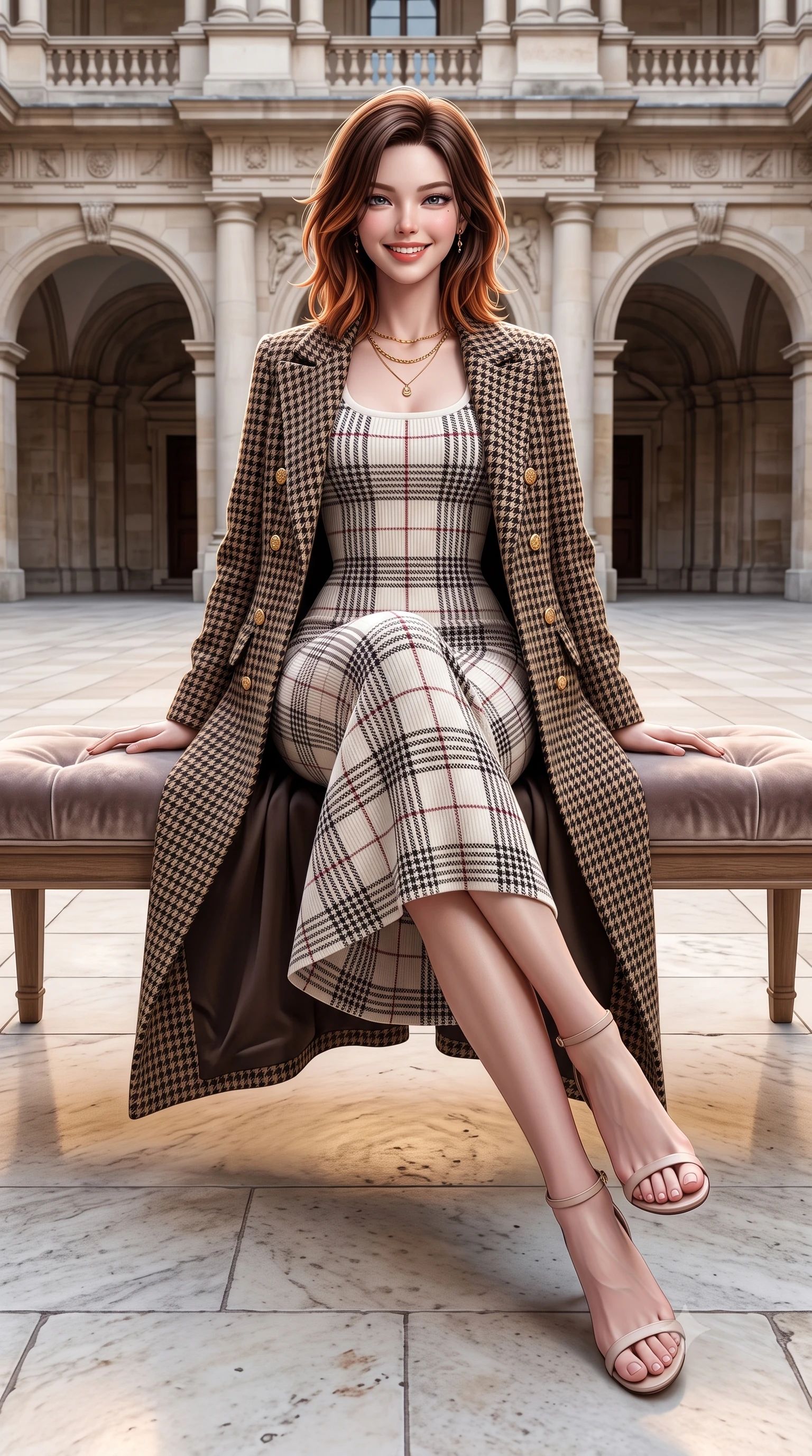 score_9, masterpiece, best quality, ultra-detailed, high-budget anime keyframe, semi-realistic 3D game render, editorial fashion photography, tasteful artistic composition, Korean woman. low angle full-body shot from head to toe showing her feet, filling the entire 9:16 vertical frame with her statuesque presence, stretching her vertical silhouette. sitting gracefully on the plush bench with legs crossed and angled toward the camera, highlighting her long slender limbs and hourglass waist while stepping gracefully across the vast limestone courtyard floor, her long tailored coat flowing with statuesque elegance. The surrounding environment is rendered in vivid detail and crisp panoramic clarity: detailed houndstooth tweed jacket weave, gold embossed coin buttons, and monumental British architecture in high resolution. She has an exceptionally tall and slender model-like 8.5-heads proportion, an ultra-slim waist, a flat toned midriff, narrow delicate ribcage, and beautifully sculpted feminine hips creating a graceful, slim hourglass silhouette without any bulky heaviness, with impossibly long slender legs. sharp v-shaped jawline, high-bridge nose, intricate jewel-like sparkling eyes with depth, thick eyelashes, glossy parted lips with a natural peach sheen, bright cheerful beaming smile with an enchanting and coquettish sensual glint, exuding both youthful cute charm and seductive allure, flawlessly proportioned anatomical accuracy, strict slender model proportions, natural body alignment, perfectly sculpted long slender limbs, ultra-slim waistline, clean dynamic posture without body distortion. wearing a form-contouring ribbed knit bodycon maxi dress in snow ivory with a cozy high cowl-neck hugging every curve in classic glen plaid monochrome with subtle wine red accent, tailored from form-contouring ribbed merino wool hugging her torso like a second skin, featuring fine gold zipper details tracing the vertical spine and contour seams, the snug waist-cinching tailoring accentuating her ultra-slim waistline and the enchanting curve of her feminine hips with alluring seductive charm. illuminated by pale stone reflection bounce and sharp platinum rim lights sculpting her jawline, narrow waist, and statuesque proportions. highly saturated vibrant anime colors, detailed shading with soft gradients, rich glossy textures, high-contrast stereoscopic depth, volumetric dynamic lighting, master piece, 9:16 ratio