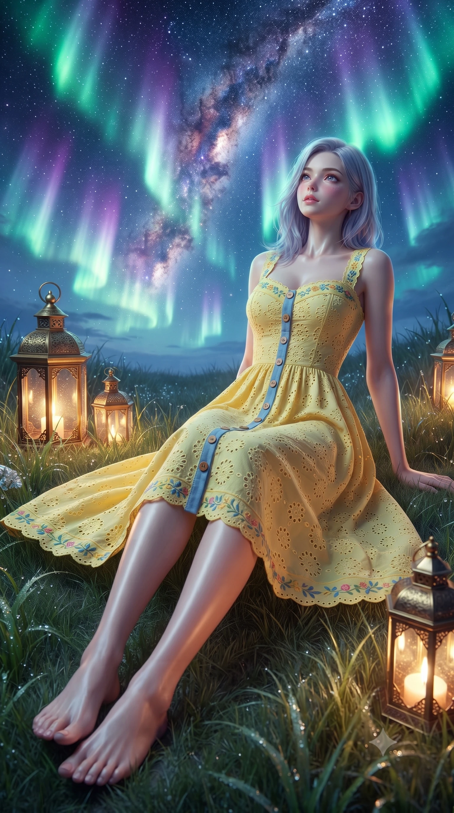 score_9, masterpiece, best quality, ultra-detailed, high-budget anime keyframe, editorial fashion photography, tasteful artistic composition, Caucasian woman. low angle full-body shot from head to toe showing her feet, filling the entire 9:16 vertical frame with her statuesque presence, stretching her vertical silhouette. pivoting dynamically with a fresh infectious smile, her ultra-slim waist and long slender legs creating a fluid graceful line while lying on the soft grass looking up at dancing emerald aurora borealis waves with a dreamy, affectionate smile. The surrounding environment is rendered in vivid detail and crisp panoramic clarity. intricate brass lantern details, dew-kissed grass blades, and vivid galactic dust lanes in panoramic clarity. She has an absolutely perfect, statuesque 8.5-heads proportion, an exceptionally tall and slender model-like female figure with impossibly long slender legs, a toned flat midriff, and an ultra-slim waist. sharp v-shaped jawline, high-bridge nose, intricate jewel-like eyes with depth, thick eyelashes, glossy lips with a natural sheen, pure and lovely fresh girlhood expression, flawlessly proportioned anatomical accuracy, strict slender model proportions, natural body alignment, perfectly sculpted long slender limbs, ultra-slim waistline, clean dynamic posture without body distortion. wearing an airy eyelet lace cotton midi dress with a sweetheart neckline and wooden front buttons in sunny daffodil yellow and french blue, tailored from crisp organic cotton poplin, complemented by subtle floral embroidery along the neckline and hem, the body-hugging lightweight knit clinging delicately to her slender torso, accentuating her graceful neck and feminine lines. bathed in dancing emerald and violet aurora glow combined with warm golden brass lantern uplights. ultra-reflective glossy finish, specular highlights, rich natural textures, high-contrast stereoscopic depth, volumetric dynamic lighting, 2k, ultra detail, master piece, 9:16 ratio