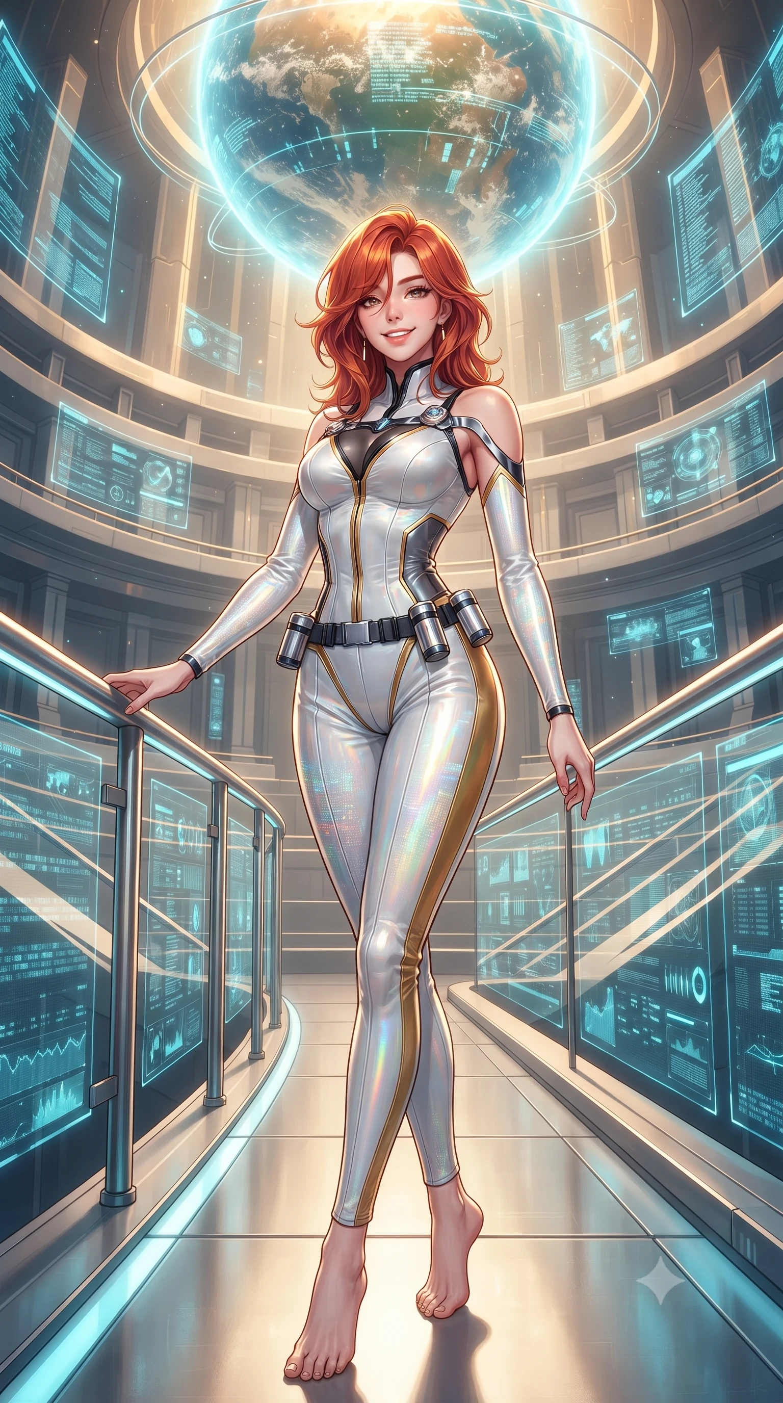 score_9, masterpiece, best quality, ultra-detailed, high-budget anime keyframe, editorial fashion photography, tasteful artistic composition, Korean woman. low angle full-body shot from head to toe showing her feet, filling the entire 9:16 vertical frame with her statuesque presence, stretching her vertical silhouette. standing in a tall, confident posture with one hand on a glowing metal railing, stretching her statuesque body as she arches her lower back to emphasize her sculpted feminine hips and slender waist while standing in the center of the semicircular amphitheater beneath a colossal floating planetary matrix, arching her spine with sovereign authority. The surrounding environment is rendered in vivid detail and crisp panoramic clarity: detailed tailored suit texture, digital data reflections on skin, and monumental government architecture in razor-sharp precision. She has an absolutely perfect, statuesque 8.5-heads proportion, an exceptionally tall and slender model-like female figure with impossibly long slender legs, an ultra-slim waist, a flat toned midriff, narrow delicate ribcage, and beautifully sculpted feminine hips creating a graceful, slim hourglass silhouette without any bulky heaviness. sharp v-shaped jawline, high-bridge nose, intricate jewel-like sparkling eyes with depth, thick eyelashes, glossy parted lips with a natural sheen, bright confident smile with an enchanting and coquettish sensual glint, exuding both youthful magnetic charm and sovereign high-tech allure, flawlessly proportioned anatomical accuracy, strict slender model proportions, natural body alignment, perfectly sculpted long slender limbs, ultra-slim waistline, clean dynamic posture without body distortion. wearing a form-fitting white-and-gold zero-gravity EVA jumpsuit with an ultra-slim corseted waist and exposed clavicle line in liquid chrome silver and pitch black, woven from layered gossamer holographic organza casting chromatic prism reflections, accented with a sleek utility belt with polished magnetic canisters resting loosely on her curvy hips, the precision-cut side openings and low-back scoop framing her graceful spine and the sensual sweep of her slim, toned hips. bathed in regal gold and cyan holographic light radiating from the floating globe matrix. ultra-reflective glossy finish, specular highlights, rich textural contrasts, high-contrast stereoscopic depth, volumetric dynamic lighting, 2k, ultra detail, master piece, 9:16 ratio