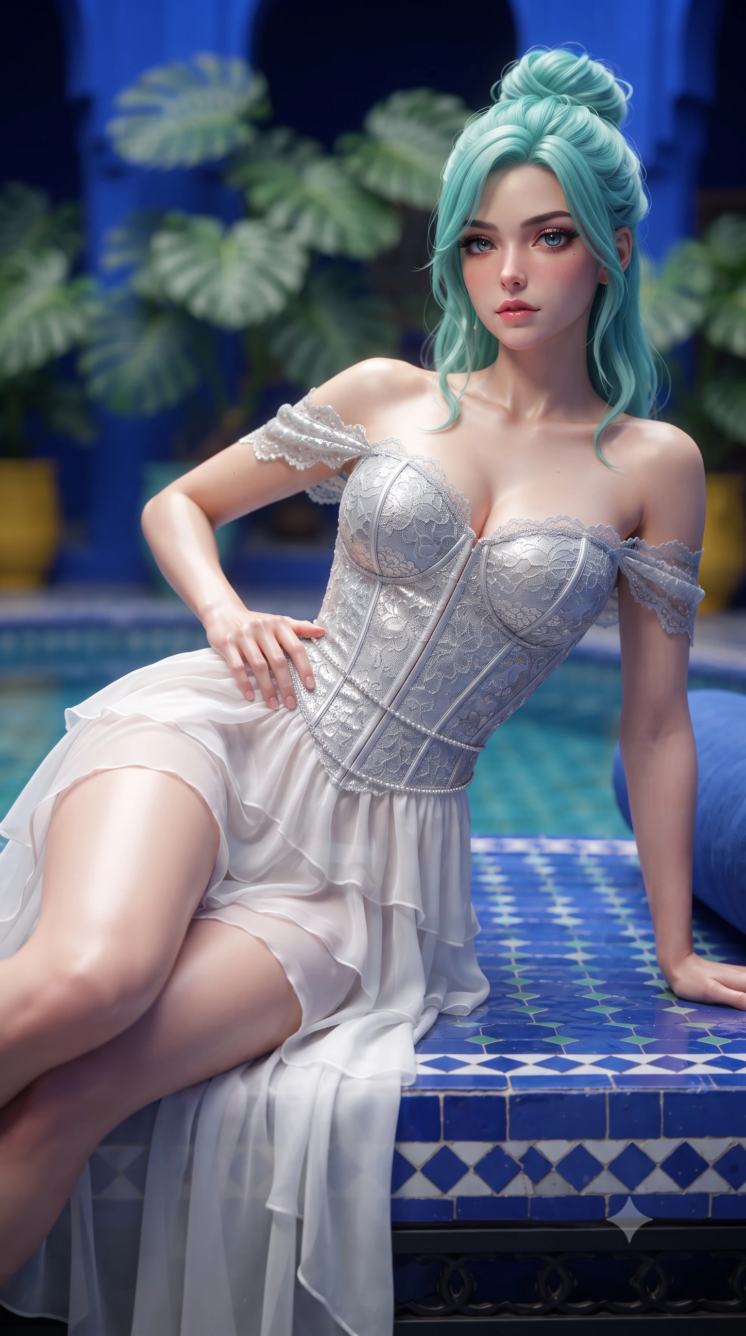 score_9, masterpiece, best quality, ultra-detailed, high-budget anime keyframe, editorial fashion photography, tasteful artistic composition, Japanese woman. close-up cowboy shot from the waist and thighs up, the character dominates the composition, filling the frame with her large presence. tilting her chin up with proud, sovereign allure while gazing through thick eyelashes, one hand resting on her waist in pure supermodel charisma while reclining on her side across a zellij tile daybed in a vibrant Majorelle blue riad courtyard, arching her lower back as water ripples mirror her hip curves. The composition keeps background elements in soft focus with creamy bokeh. vibrant cobalt-blue courtyard walls and giant monstera fronds blurred into electric lapis, emerald, and saffron-gold bokeh. She has an exceptionally elegant, slender, and willowy female figure with an ultra-slim waist, flat toned midriff, narrow ribcage, and sculpted feminine hips creating an alluring, slim hourglass silhouette without bulk. sharp v-shaped jawline, high-bridge nose, intricate jewel-like eyes with depth, thick eyelashes, glossy parted lips with a natural sheen, intensely captivating and seductive bedroom-eyes expression, flawlessly proportioned anatomical accuracy, strict slender model proportions, natural body alignment, perfectly sculpted long slender limbs, ultra-slim waistline, clean dynamic posture without body distortion. wearing an off-shoulder French court corset bodice dress paired with a tiered translucent chiffon slit skirt in shimmering silver mercury and pearl white, formed from shimmering floral lace over smooth opaque silk lining, accented with a dainty diamond waist chain catching the ambient light reflections, the precision-cut side openings and low-back scoop framing her graceful spine and the sensual sweep of her slim, toned hips. surrounded by an exotic, sovereign, and deeply enchanting Moroccan oasis muse aura. ultra-reflective glossy finish, specular highlights, rich textural contrasts, high-contrast stereoscopic depth, volumetric dynamic lighting, 2k, ultra detail, master piece, 9:16 ratio
