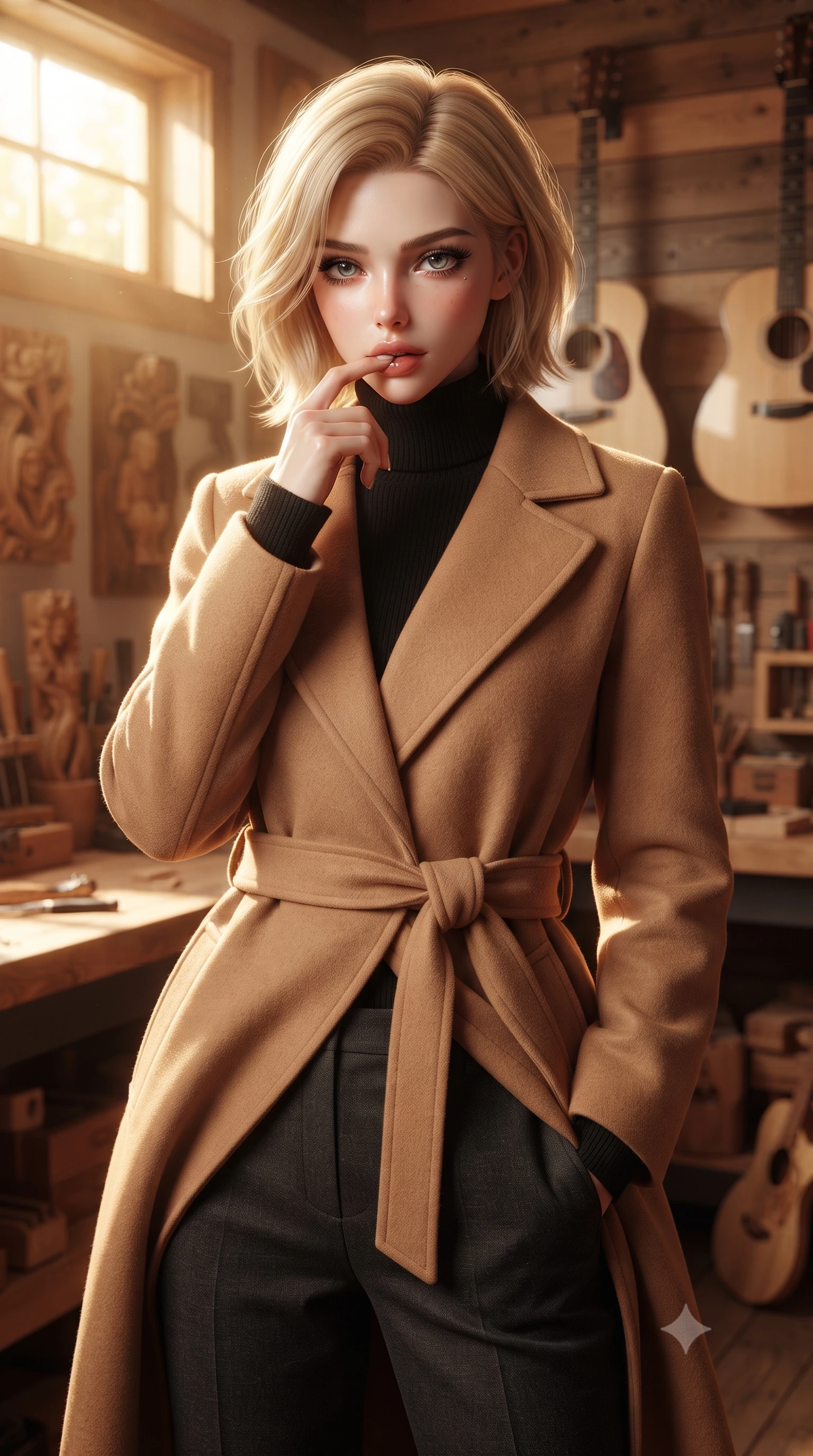 score_9, masterpiece, best quality, ultra-detailed, high-budget anime keyframe, editorial fashion photography, tasteful artistic composition, Caucasian woman. close-up cowboy shot from the waist and thighs up, the character dominates the composition, filling the frame with her large presence, background elements kept in soft focus. pressing one finger to her bottom lip in a thoughtful, seductive gesture under the warm sun the background shows a soft-focus a high-end instrument workshop with acoustic guitars and wood carvings hanging on the wall. She has an exceptionally elegant, slender, and willowy female figure with an ultra-slim waist, a gracefully sculpted slender torso, and a refined silhouette. sharp v-shaped jawline, high-bridge nose, intricate jewel-like eyes with depth, thick eyelashes, glossy lips with a natural sheen. wearing a tailored warm camel-colored wrap coat over a black turtleneck sweater and charcoal slacks. warm afternoon sunlight filtering through a high window, highlighting wood grains. ultra-reflective glossy finish, specular highlights, metallic sheen, high-contrast stereoscopic depth, volumetric dynamic lighting, 2k, ultra detail, master piece, 9:16 ratio