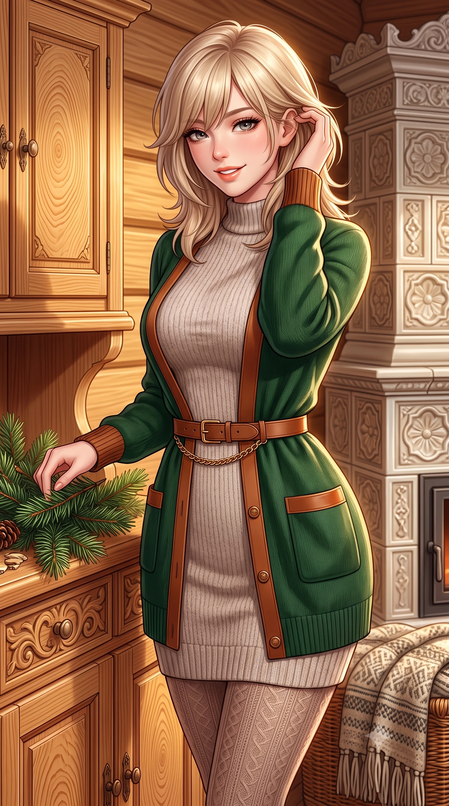score_9, masterpiece, best quality, ultra-detailed, high-budget anime keyframe, semi-realistic 3D game render, editorial fashion photography, tasteful artistic composition, Japanese woman. close-up cowboy shot from the waist and thighs up, the character dominates the composition, filling the frame with her large presence. gently brushing a lock of hair behind her ear while casting a playful, flirtatious side-gaze with long eyelashes while standing poised at the hand-carved Arvenholz pine dining credenza, arranging fragrant winter pine branches with graceful domestic poise. The surrounding environment is rendered in vivid detail and crisp panoramic clarity: sharp tight annual growth rings in fragrant pine timber, glazed ceramic stove relief patterns, and hand-woven wool throw textures in deep focus. She has an exceptionally elegant, slender, and willowy female figure with an ultra-slim waist, flat toned midriff, narrow ribcage, and sculpted feminine hips creating an alluring, slim hourglass silhouette without bulk. sharp v-shaped jawline, high-bridge nose, intricate jewel-like sparkling eyes with depth, thick eyelashes, glossy parted lips with a natural peach sheen, bright cheerful beaming smile with an enchanting and coquettish sensual glint, exuding both youthful cute charm and seductive allure, flawlessly proportioned anatomical accuracy, strict slender model proportions, natural body alignment, perfectly sculpted long slender limbs, ultra-slim waistline, clean dynamic posture without body distortion. wearing a form-fitting plush chenille knit bodycon dress hugging her torso and hips, layered with a belted open wool cardigan in heritage British racing green and warm cognac brown, crafted from buttery-soft stretch lambskin leather adhering to her body like a second skin, finished with a sleek gold chain belt resting snugly across her narrow waist and curving hips, the liquid-tight tailored fabric clinging flawlessly to her narrow waist and rounded feminine hips, emphasizing every millimeter of her sculpted slim hourglass curves without any bulky heaviness. illuminated by honey pine wall reflection bounce and warm buttery rim lights sculpting her features and slender hourglass curves. highly saturated vibrant anime colors, detailed shading with soft gradients, rich glossy textures, high-contrast stereoscopic depth, volumetric dynamic lighting, master piece, 9:16 ratio