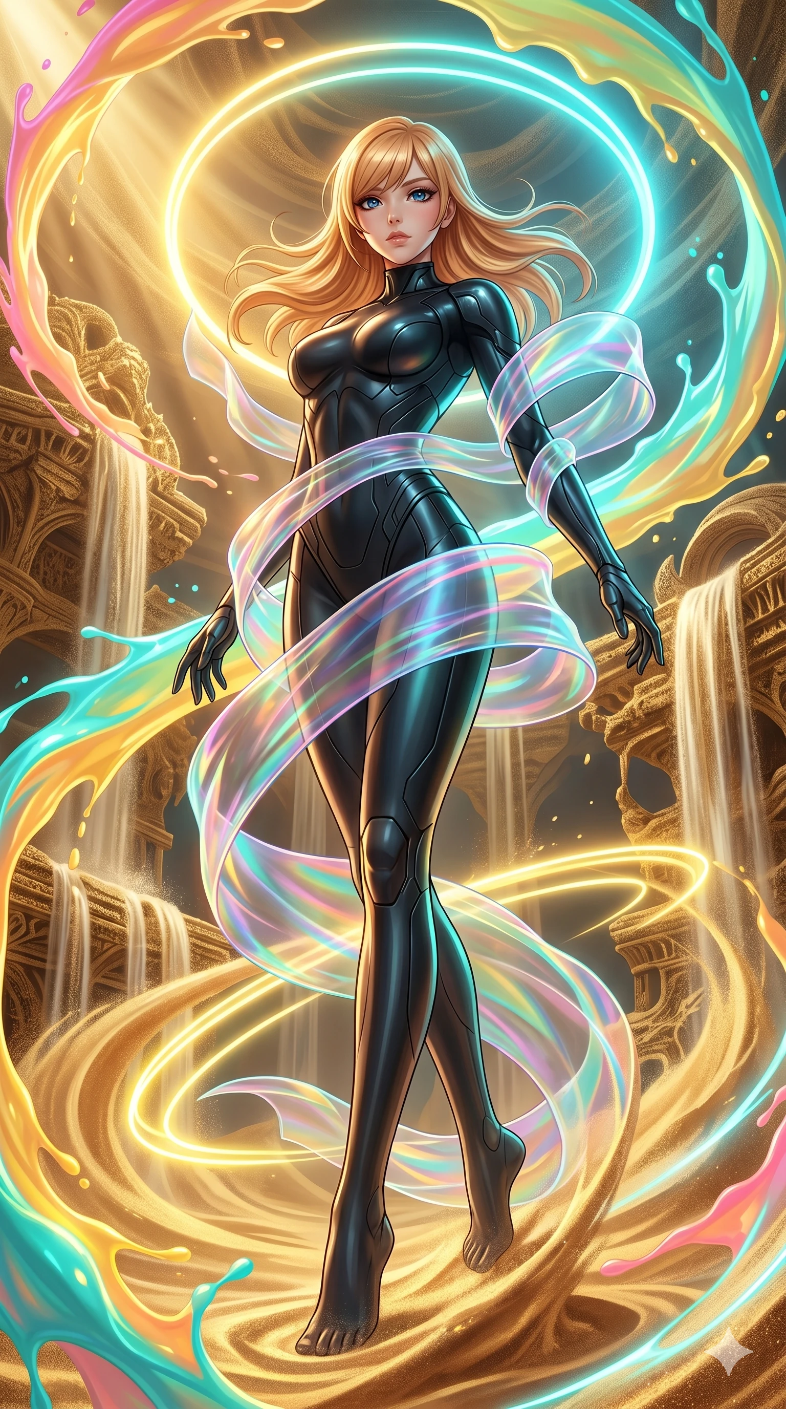 score_9, masterpiece, best quality, ultra-detailed, high-budget anime keyframe, editorial fashion photography, tasteful artistic composition, Caucasian woman, strictly human ears. low angle full-body shot from head to toe showing her feet, filling the entire 9:16 vertical frame with her statuesque presence, stretching her vertical silhouette. swirling in a vortex of in a fractal quicksand temple with golden sand waterfalls while streams of liquid neon paint splash and form glowing halos. She has an absolutely perfect 8-heads proportion, an exceptionally tall and slender female figure with impossibly long slender legs and an ultra-slim waist. V-shaped jawline, high-bridge nose, intricate jewel-like eyes with depth, thick eyelashes, glossy lips with a natural sheen.. wearing a cybernetic bodysuit with a holographic ribbon, featuring a sculpted sleek black performance bodysuit wrapped in a translucent flowing holographic organza ribbon. showcasing a beautiful play of light and shadow, with warm golden rays clashing against cool cyan highlights. 2k, ultra detail, master piece, 9:16 ratio