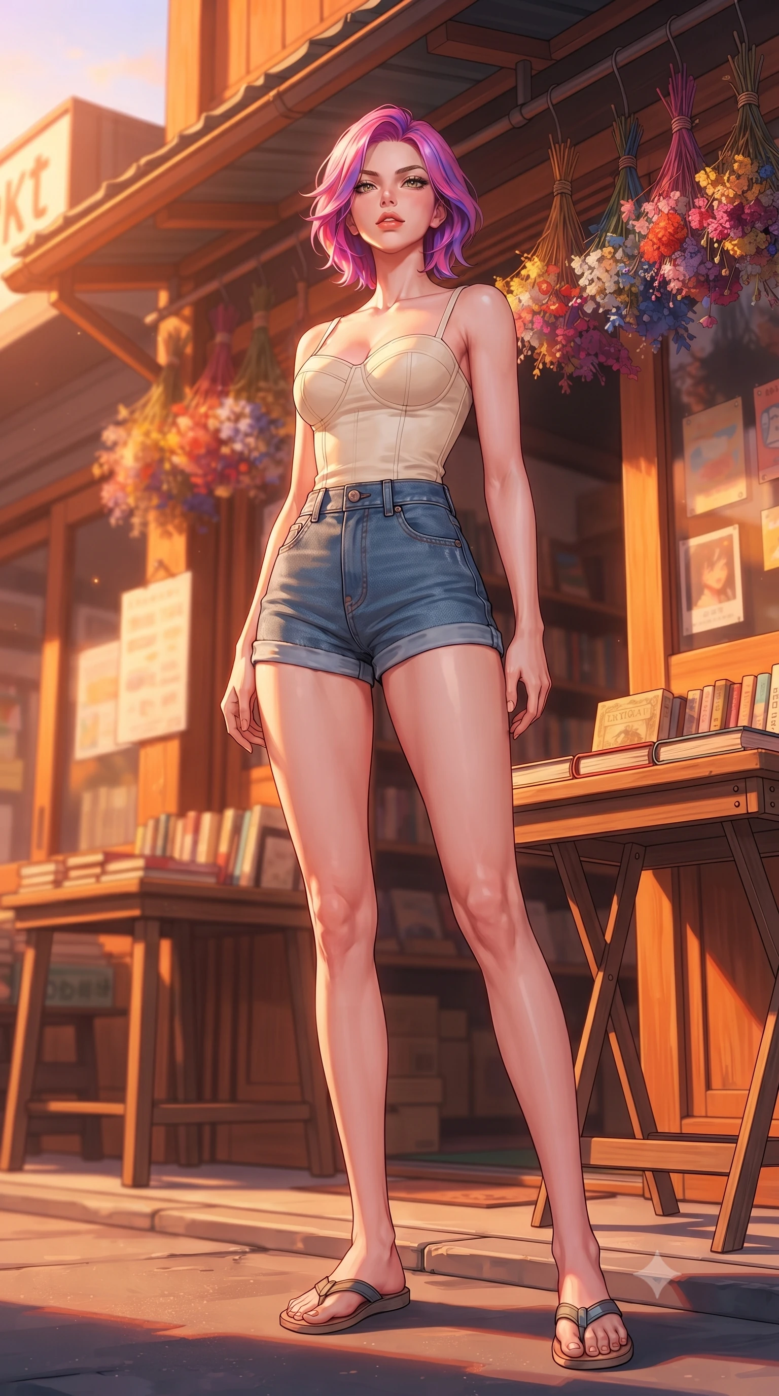 score_9, masterpiece, best quality, ultra-detailed, high-budget anime keyframe, editorial fashion photography, tasteful artistic composition, Caucasian woman. low angle full-body shot from head to toe showing her feet, filling the entire 9:16 vertical frame with her statuesque presence, stretching her vertical silhouette. standing in a captivating power pose, tilting her chin up with a smoldering, bright expression set against a soft-focus background of outside a small corner bookstore with wooden tables displaying old novels with a display of colorful dried flower bouquets hanging from the shop roof. She has an absolutely perfect, statuesque 8.5-heads proportion, an exceptionally tall and slender model-like female figure with impossibly long slender legs and an ultra-slim waist. sharp v-shaped jawline, high-bridge nose, intricate jewel-like eyes with depth, thick eyelashes, glossy lips with a natural sheen. wearing body-hugging tailored cotton bustier top paired with high-waist denim shorts. cozy golden hour sunset light painting the wooden shopfronts in orange. highly saturated vibrant anime colors, detailed shading with soft gradients, rich glossy textures, high-contrast stereoscopic depth, volumetric dynamic lighting, master piece, 9:16 ratio