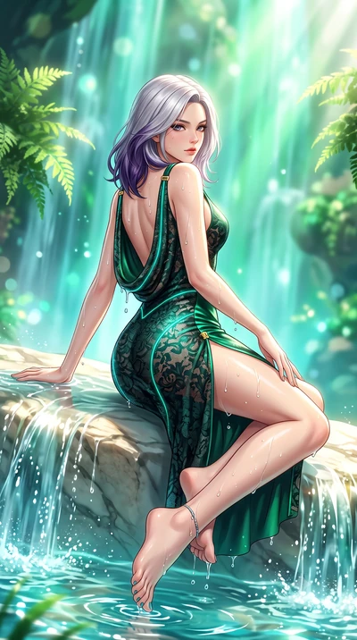 score_9, masterpiece, best quality, ultra-detailed, high-budget anime keyframe, semi-realistic 3D game render, editorial fashion photography, tasteful artistic composition, Caucasian woman. low angle full-body shot from head to toe showing her feet, 