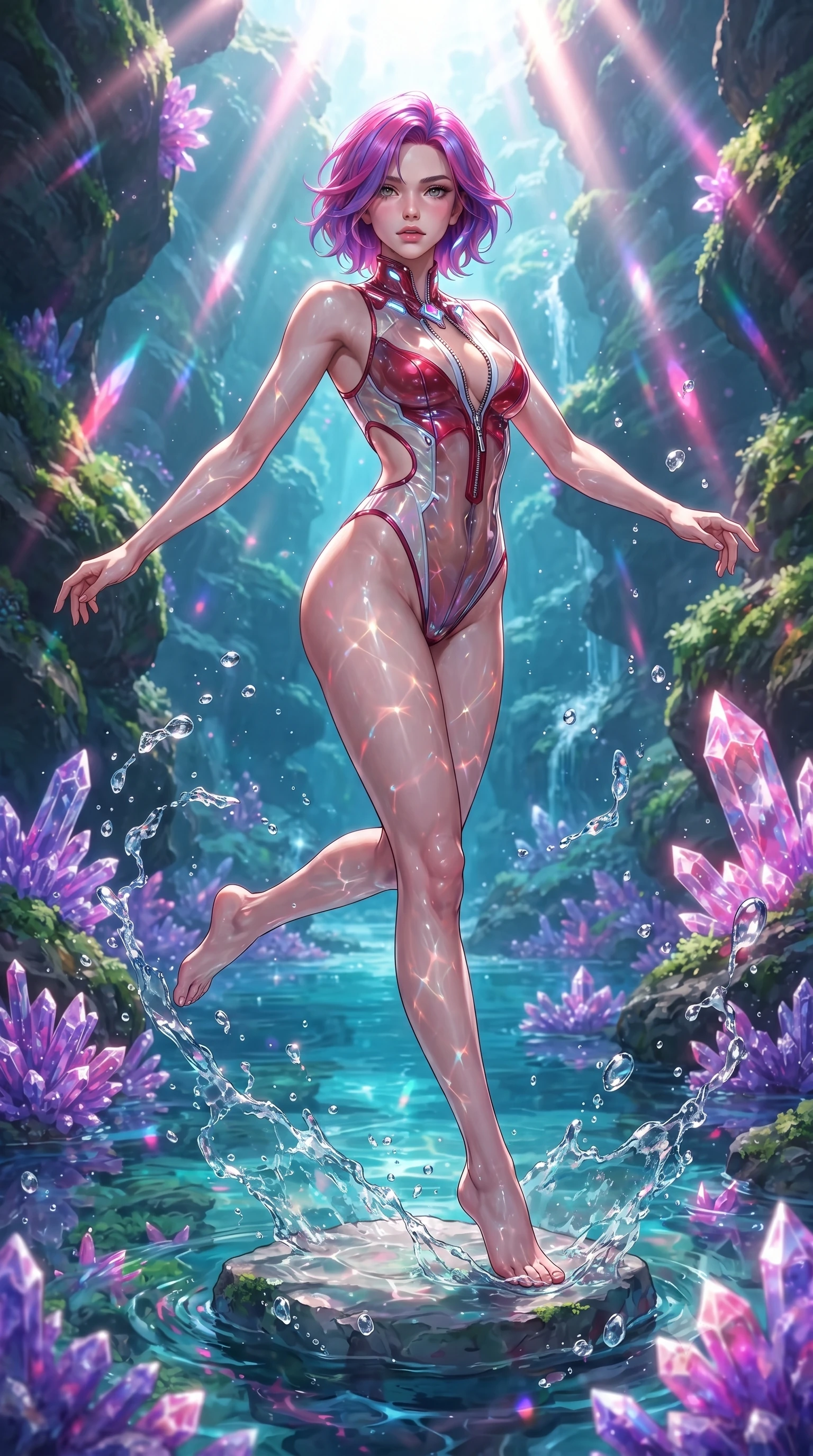 score_9, masterpiece, best quality, ultra-detailed, high-budget anime keyframe, editorial fashion photography, tasteful artistic composition, Caucasian woman. low angle full-body shot from head to toe showing her feet, filling the entire 9:16 vertical frame with her statuesque presence, stretching her vertical silhouette. pivoting dynamically in mid-motion with a breathtakingly alluring posture, displaying her flawless model proportions and ultra-slim waist while pivoting dynamically on a submerged quartz stepping stone as brilliant midday sunbeams create shimmering water caustics. The surrounding environment is rendered in vivid detail and crisp panoramic clarity. intricate amethyst cluster formations, cascading water splash droplets, and lush canyon moss in high clarity. She has an absolutely perfect, statuesque 8.5-heads proportion, an exceptionally tall and slender model-like female figure with impossibly long slender legs, a toned flat midriff, and an ultra-slim waist. sharp v-shaped jawline, high-bridge nose, intricate jewel-like eyes with depth, thick eyelashes, glossy lips with a natural sheen, flawlessly proportioned anatomical accuracy, strict slender model proportions, natural body alignment, perfectly sculpted long slender limbs, ultra-slim waistline, clean dynamic posture without body distortion. wearing a high-cut translucent vinyl leotard with front paneling, exposed side-rib cutouts, and an open back in radiant crimson silk and crisp snow white, made of smooth iridescent silk chiffon that shifts colors with movement, featuring a dangerously unzipped neckline framed by glowing cybernetic accents, the sleek second-skin cut tightly hugging her graceful clavicle, narrow waist, and feminine curves with athletic precision. bathed in bright midday sunbeams penetrating canyon depths with glowing pink and violet crystal refractions. ultra-reflective glossy finish, specular highlights, metallic sheen, high-contrast stereoscopic depth, volumetric dynamic lighting, 2k, ultra detail, master piece, 9:16 ratio