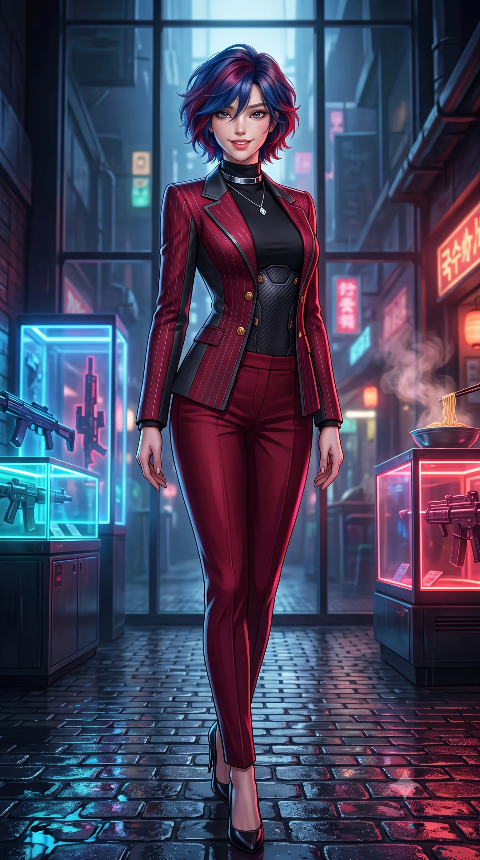score_9, masterpiece, best quality, ultra-detailed, high-budget anime keyframe, semi-realistic 3D game render, editorial fashion photography, tasteful artistic composition, Korean woman. low angle full-body shot from head to toe showing her feet, filling the entire 9:16 vertical frame with her statuesque presence, stretching her vertical silhouette. posing in a classic haute-couture S-curve stance beside the floor-to-ceiling window, looking over a bare shoulder with magnetic presence while standing poised on the wet cobblestones between glowing holographic weapon display cases, arching her spine with seductive combat poise as aromatic noodle steam rises. The background shows a soft-focus swirling aromatic food steam softened in subterranean market alley shallow focus. She has an exceptionally tall and slender model-like 8.5-heads proportion, an ultra-slim waist, a flat toned midriff, narrow delicate ribcage, and beautifully sculpted feminine hips creating a graceful, slim hourglass silhouette without any bulky heaviness, with impossibly long slender legs. sharp v-shaped jawline, high-bridge nose, intricate jewel-like sparkling eyes with depth, thick eyelashes, glossy parted lips with a natural peach sheen, bright cheerful beaming smile with an enchanting and coquettish sensual glint, exuding both youthful cute charm and seductive allure, flawlessly proportioned anatomical accuracy, strict slender model proportions, natural body alignment, perfectly sculpted long slender limbs, ultra-slim waistline, clean dynamic posture without body distortion. wearing a structured cyber-infantry dress uniform jacket with carbon-fiber chest plating and brass buttons over a mock-neck top and tailored wool trousers in deep crimson hazard red and matte dark titanium, tailored from high-density tech-wool with subtle metallic thread weave, finished with a minimalist chrome choker and a single teardrop diamond pendant, the impeccably tailored cut draping gracefully along her slender figure with aristocratic poise. illuminated by puddle reflection bounce and sharp neon-pink rim lights sculpting her jawline, narrow waist, and curvy hips. highly saturated vibrant anime colors, detailed shading with soft gradients, rich glossy textures, high-contrast stereoscopic depth, volumetric dynamic lighting, master piece, 9:16 ratio