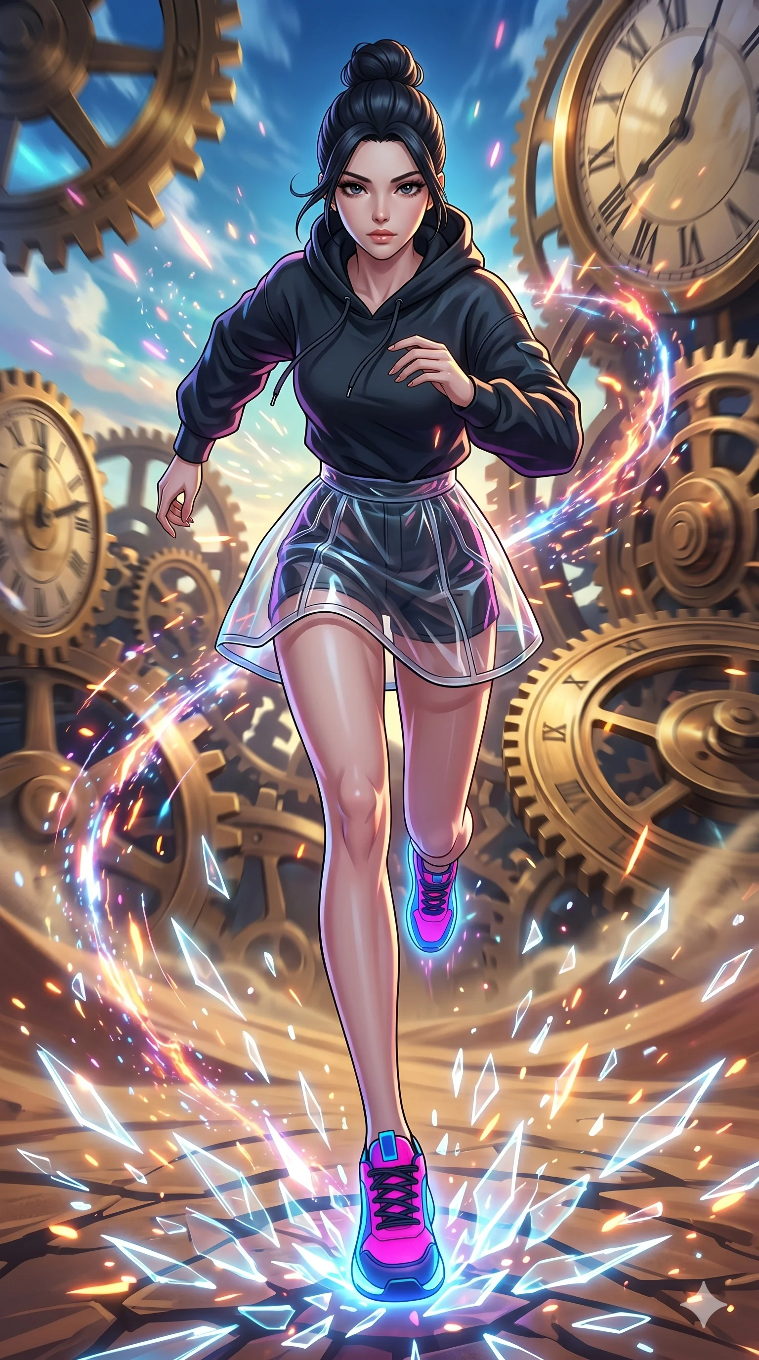 score_9, masterpiece, best quality, ultra-detailed, Set A: High-budget Anime Keyframe, Caucasian (strictly human ears) woman. Low angle cowboy shot filling the entire 9:16 frame with her statuesque presence. Sprinting through a clockwork desert, as the ground beneath her turns into 241 shards of light and surrounded by glowing energy sparks. She has an absolutely perfect 8-heads proportion, an exceptionally tall and slender female figure with impossibly long slender legs and an ultra-slim waist. Sharp v-shaped jawline, high-bridge nose, intricate jewel-like eyes with depth, thick eyelashes, glossy lips with a natural sheen. Wearing Streetwear tech-hoodie with a transparent PVC skirt and neon sneakers. Cinematic lighting, vibrant colors, dramatic shadows, 2k, ultra detail, master piece, 9:16 ratio