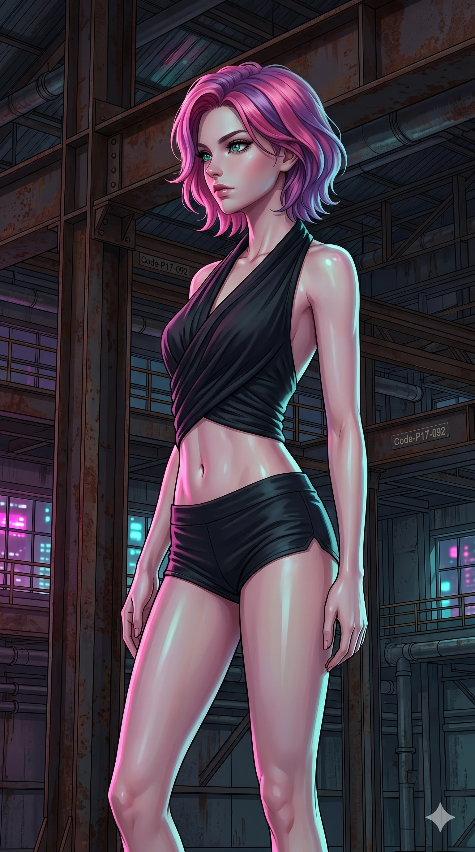 score_9, masterpiece, best quality, ultra-detailed, high-budget anime keyframe, editorial fashion photography, tasteful artistic composition, Caucasian woman, strictly human ears. cowboy shot from the thighs up, character and outfit filling the frame for maximum editorial presence. standing proud, her face turned in sharp profile, casting a cold and mysterious gaze inside an industrial warehouse with steel beams (Code-P17-092). She has an absolutely perfect 8-heads proportion, an exceptionally tall and slender female figure with impossibly long slender legs and an ultra-slim waist. V-shaped jawline, high-bridge nose, intricate jewel-like eyes with depth, thick eyelashes, glossy lips with a natural sheen. wearing a wrap top showing her bare midriff paired with micro-shorts. vibrant magenta and cyan city lights casting colorful specular highlights on her skin. 2k, ultra detail, master piece, 9:16 ratio