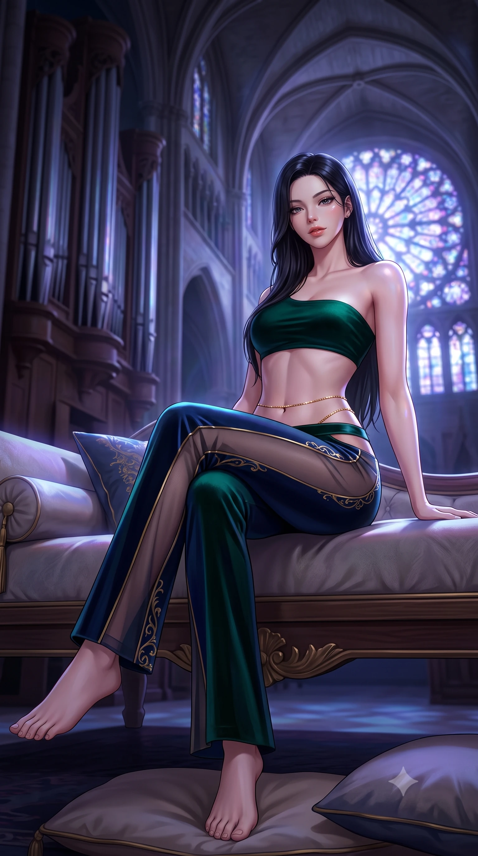 score_9, masterpiece, best quality, ultra-detailed, high-budget anime keyframe, semi-realistic 3D game render, editorial fashion photography, tasteful artistic composition, Korean woman. low angle full-body shot from head to toe showing her feet, filling the entire 9:16 vertical frame with her statuesque presence, stretching her vertical silhouette. lounging on the lavish daybed with legs crossed and hips angled toward the camera, displaying her toned midriff and long slender limbs with effortless siren poise while twisting her slender torso in an alluring contrapposto stance, multicolored moonlight from the giant rose window tracing her hourglass curves. The background shows a soft-focus colossal towering organ pipes, soaring ribbed vault ceilings, and the glowing circular rose window blurred into cobalt, violet, and silver bokeh. She has an absolutely perfect, statuesque 8.5-heads proportion, an exceptionally tall and slender model-like female figure with impossibly long slender legs, an ultra-slim waist, a flat toned midriff, narrow delicate ribcage, and beautifully sculpted feminine hips creating a graceful, slim hourglass silhouette without any bulky heaviness. sharp v-shaped jawline, high-bridge nose, sparkling eyes with hypnotic seductive depth, thick curled eyelashes, glossy parted lips with a natural dewy peach sheen, alluring bedroom-eyes with an enchanting coquettish smile, exuding magnetic siren charisma and sophisticated glamour, flawlessly proportioned anatomical accuracy, strict slender model proportions, natural body alignment, perfectly sculpted long slender limbs, ultra-slim waistline, clean dynamic posture without body distortion. wearing a form-contouring one-shoulder minimalist bandeau top paired with low-rise tailored trousers with sheer hip cutouts in deep emerald velvet and dark sapphire with gold filigree, made of semi-opaque stretch illusion mesh with soft shadowy contours, accented with a dainty gold belly chain resting across her flat midriff and curving hips, the form-contouring silhouette accentuating her sculpted flat midriff, narrow delicate ribcage, and gracefully curvy hips with intoxicating allure. bathed in ethereal jewel-toned moonlight filtering through the colossal stained-glass rose window. highly saturated vibrant anime colors, detailed shading with soft gradients, rich glossy textures, high-contrast stereoscopic depth, volumetric dynamic lighting, master piece, 9:16 ratio