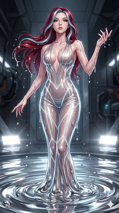 score_9, masterpiece, best quality, ultra-detailed, High-budget Anime Keyframe, East Asian woman. Dynamic full-body shot stretching the vertical silhouette to the limit. Scenario 184: Rising from a pool of mercury-like liquid, droplets rolling off he