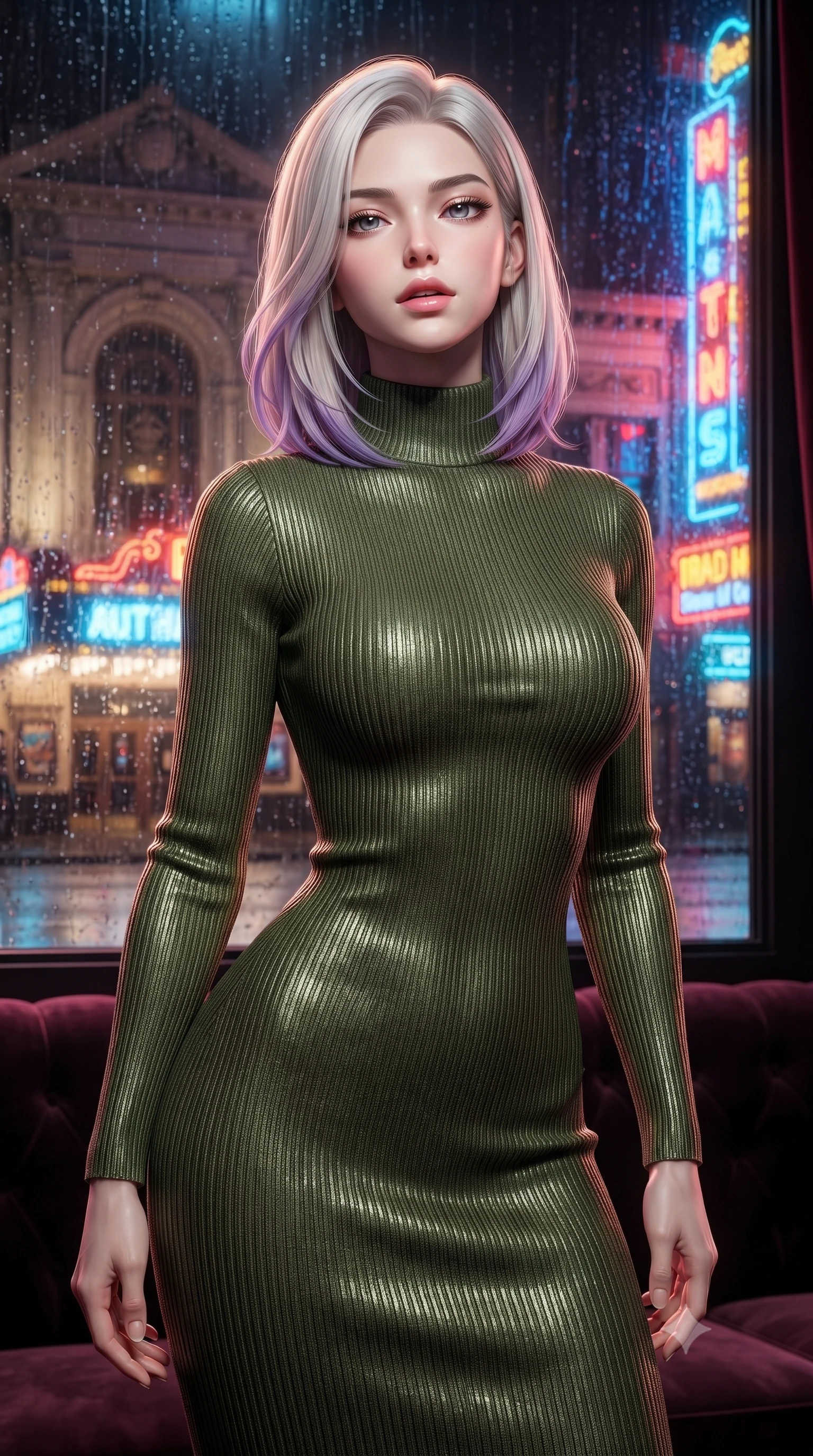 score_9, masterpiece, best quality, ultra-detailed, high-budget anime keyframe, editorial fashion photography, tasteful artistic composition, Caucasian woman. close-up cowboy shot from the waist and thighs up, the character dominates the composition, filling the frame with her large presence, background elements kept in soft focus. tilting her chin up slightly with lips parted in a composed, provocative expression the background shows a soft-focus a velvet-trimmed VIP suite overlooking a historic theater facade in the rain. She has an exceptionally elegant, slender, and willowy female figure with an ultra-slim waist, a gracefully sculpted slender torso, and a refined silhouette. sharp v-shaped jawline, high-bridge nose, intricate jewel-like eyes with depth, thick eyelashes, glossy lips with a natural sheen. wearing a form-contouring form-contouring ribbed knit bodycon midi dress in olive green, tracing her slender silhouette with a high neck. vibrant street neon lights reflecting off the wet windows onto her form. ultra-reflective glossy finish, specular highlights, metallic sheen, high-contrast stereoscopic depth, volumetric dynamic lighting, 2k, ultra detail, master piece, 9:16 ratio
