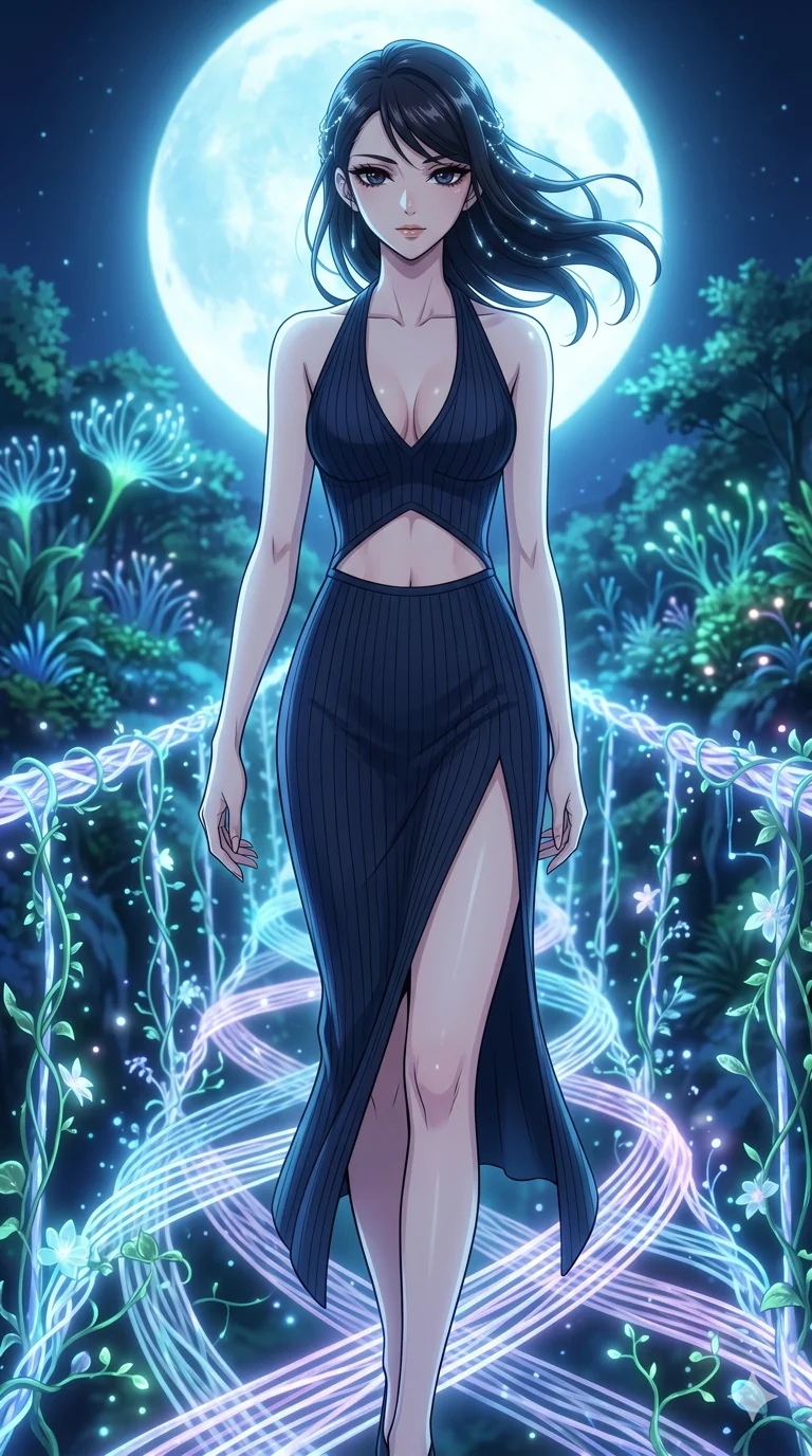 score_9, masterpiece, best quality, ultra-detailed, High-budget Anime Keyframe, vibrant colors, fluid line-art, expressive lighting, cinematic composition, Ufotable-style visual effects, top-tier animation quality, Japanese woman with delicate and elegant anime-inspired features. Upper body close-up from the thighs up, character filling the screen for maximum presence. Walking across a bridge made of woven light and digital vines. She has an absolutely perfect 8-heads proportion, an exceptionally tall and slender female figure with impossibly long slender legs and an ultra-slim waist, her statuesque height and towering silhouette dominating the vertical 9:16 frame. Her face is a masterpiece featuring a sharp v-shaped jawline, high-bridge nose, intricate jewel-like eyes with depth, thick eyelashes, and glossy lips with a natural sheen. She is wearing a Ribbed knit bodycon midi dress with a deep-V neck halter top, featuring an exposed midriff and a dangerous high slit.. The scene is set in a mystical grove under a giant glowing moon that illuminates the fiber-optic flora. 2k, ultra detail, master piece, 9:16 ratio