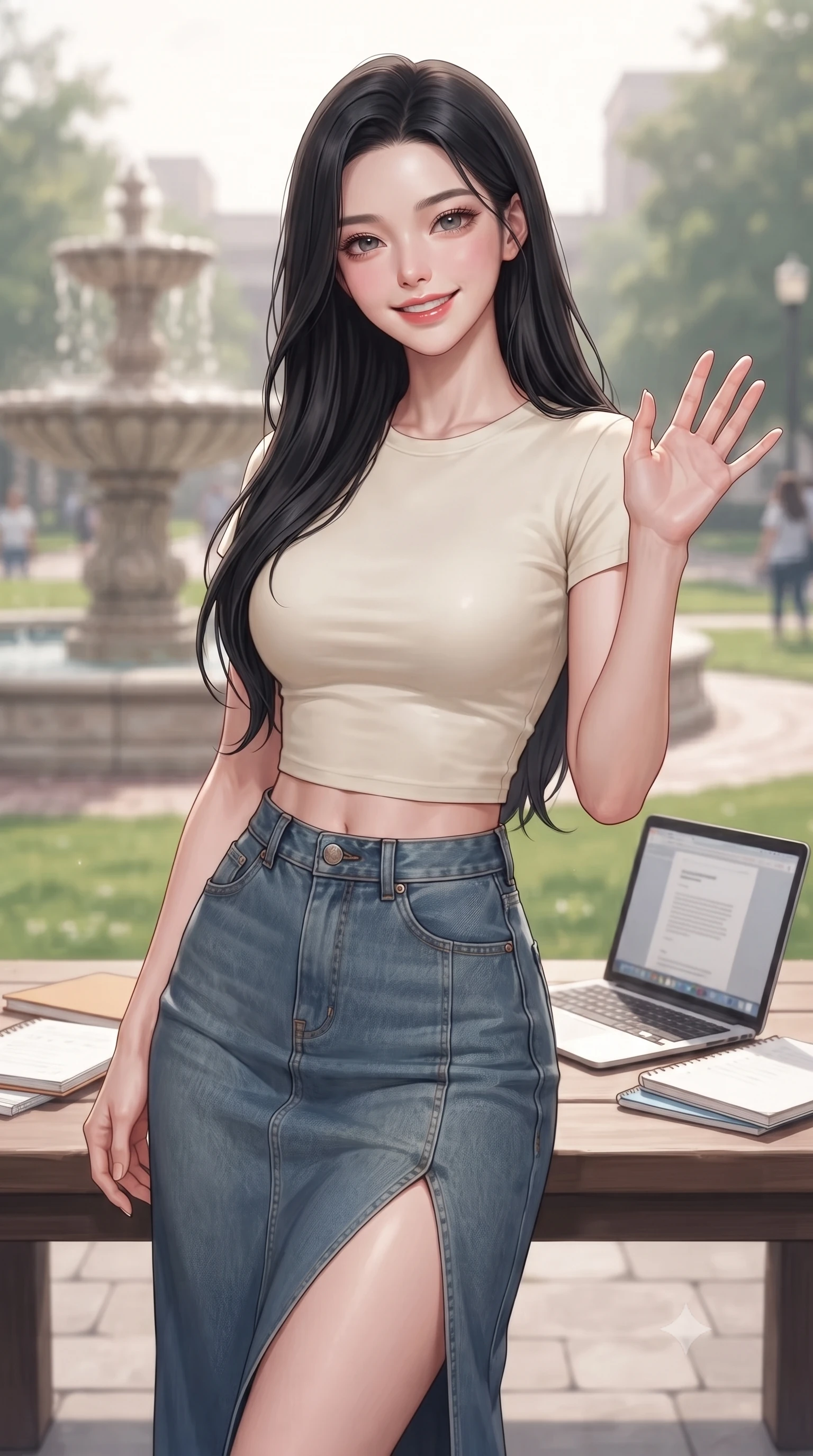 score_9, masterpiece, best quality, ultra-detailed, high-budget anime keyframe, editorial fashion photography, tasteful artistic composition, Korean woman. close-up cowboy shot from the waist and thighs up, the character dominates the composition, filling the frame with her large presence, background elements kept in soft focus. flashing a sweet, beaming smile while waving one hand gently toward the camera set against a soft-focus background of in a lively university plaza near a decorative stone fountain and green lawns with a laptop and open notebooks arranged on a wooden table. She has an exceptionally elegant, slender, and willowy female figure with an ultra-slim waist, a gracefully sculpted slender torso, and a refined silhouette. sharp v-shaped jawline, high-bridge nose, intricate jewel-like eyes with depth, thick eyelashes, glossy lips with a natural sheen. wearing slim-fit modern crop top tee in cream, paired with a high-slit denim midi skirt. soft diffused daylight creating a clean, high-key glow in the space. ultra-reflective glossy finish, specular highlights, metallic sheen, high-contrast stereoscopic depth, volumetric dynamic lighting, 2k, ultra detail, master piece, 9:16 ratio