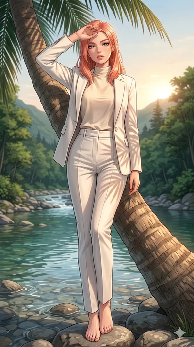 score_9, masterpiece, best quality, ultra-detailed, high-budget anime keyframe, editorial fashion photography, tasteful artistic composition, Japanese woman. low angle full-body shot from head to toe showing her feet, filling the entire 9:16 vertical