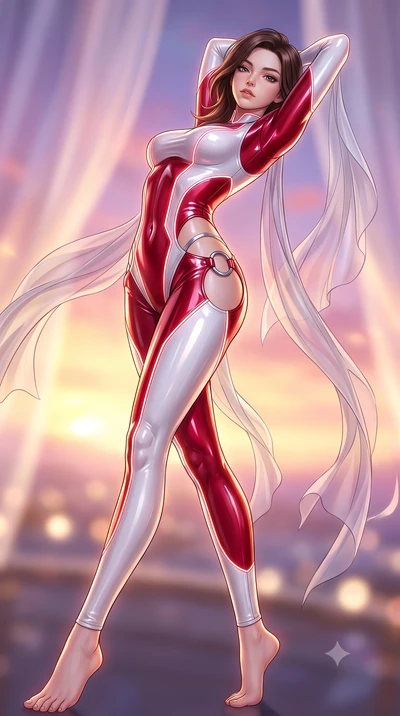 score_9, masterpiece, best quality, ultra-detailed, high-budget anime keyframe, semi-realistic 3D game render, editorial fashion photography, tasteful artistic composition, Korean woman. low angle full-body shot from head to toe showing her feet, fil