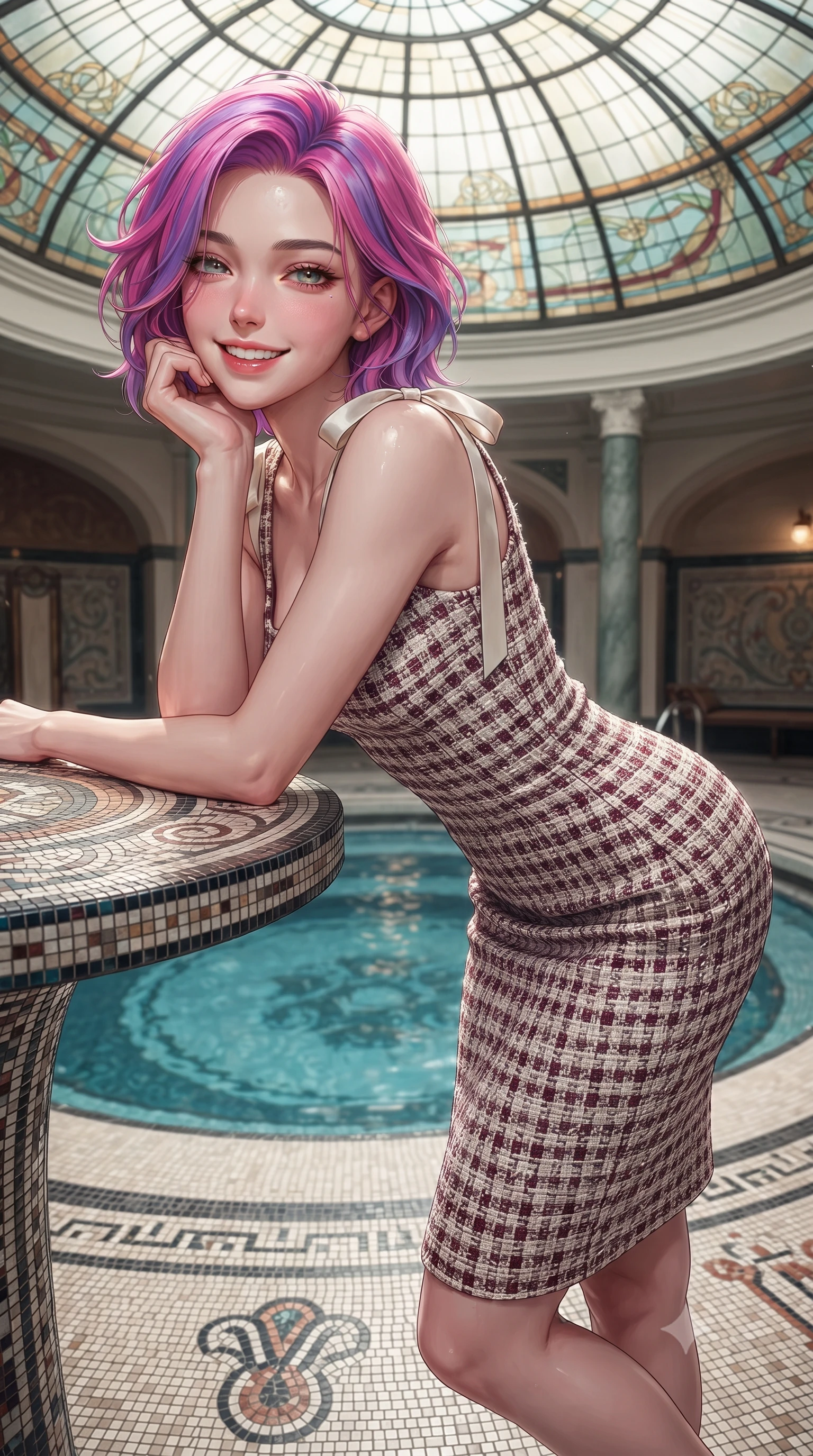 score_9, masterpiece, best quality, ultra-detailed, high-budget anime keyframe, editorial fashion photography, tasteful artistic composition, Caucasian woman. close-up cowboy shot from the waist and thighs up, the character dominates the composition, filling the frame with her large presence. resting one elbow on the table and supporting her chin, leaning close to the camera with heavy-lidded sparkling eyes and parted lips while standing poised on the heated mosaic floor beside the sunken circular thermal pool beneath the leaded Art Nouveau stained-glass dome, arching her back with wet-look siren grace. The surrounding environment is rendered in vivid detail and crisp panoramic clarity: detailed garment folds, intricate lace or tailored seams, and master Viennese tilework in razor-sharp precision. She has an exceptionally elegant, slender, and willowy female figure with an ultra-slim waist, flat toned midriff, narrow ribcage, and sculpted feminine hips creating an alluring, slim hourglass silhouette without bulk. sharp v-shaped jawline, high-bridge nose, intricate jewel-like sparkling eyes with depth, thick eyelashes, glossy parted lips with a natural peach sheen, bright cheerful beaming smile with an enchanting and coquettish sensual glint, exuding both youthful cute charm and seductive allure, flawlessly proportioned anatomical accuracy, strict slender model proportions, natural body alignment, perfectly sculpted long slender limbs, ultra-slim waistline, clean dynamic posture without body distortion. wearing a glove-like stretch modal tank dress adhering tightly to her flat midriff and feminine hips in Belvedere ivory pearl and Habsburg bordeaux wine, woven from structured British tweed with subtle metallic flecks, finished with satin ribbon ties at the shoulders fluttering in the gentle breeze, the second-skin tailored fabric adhering flawlessly to her sculpted flat midriff and slender torso, emphasizing her long leg lines and perfectly proportioned willowy build. illuminated by water surface reflection bounce and sharp platinum-cyan rim lights sculpting her jawline, narrow waist, and curvy hips. ultra-reflective glossy finish, specular highlights, rich textural contrasts, high-contrast stereoscopic depth, volumetric dynamic lighting, 2k, ultra detail, master piece, 9:16 ratio