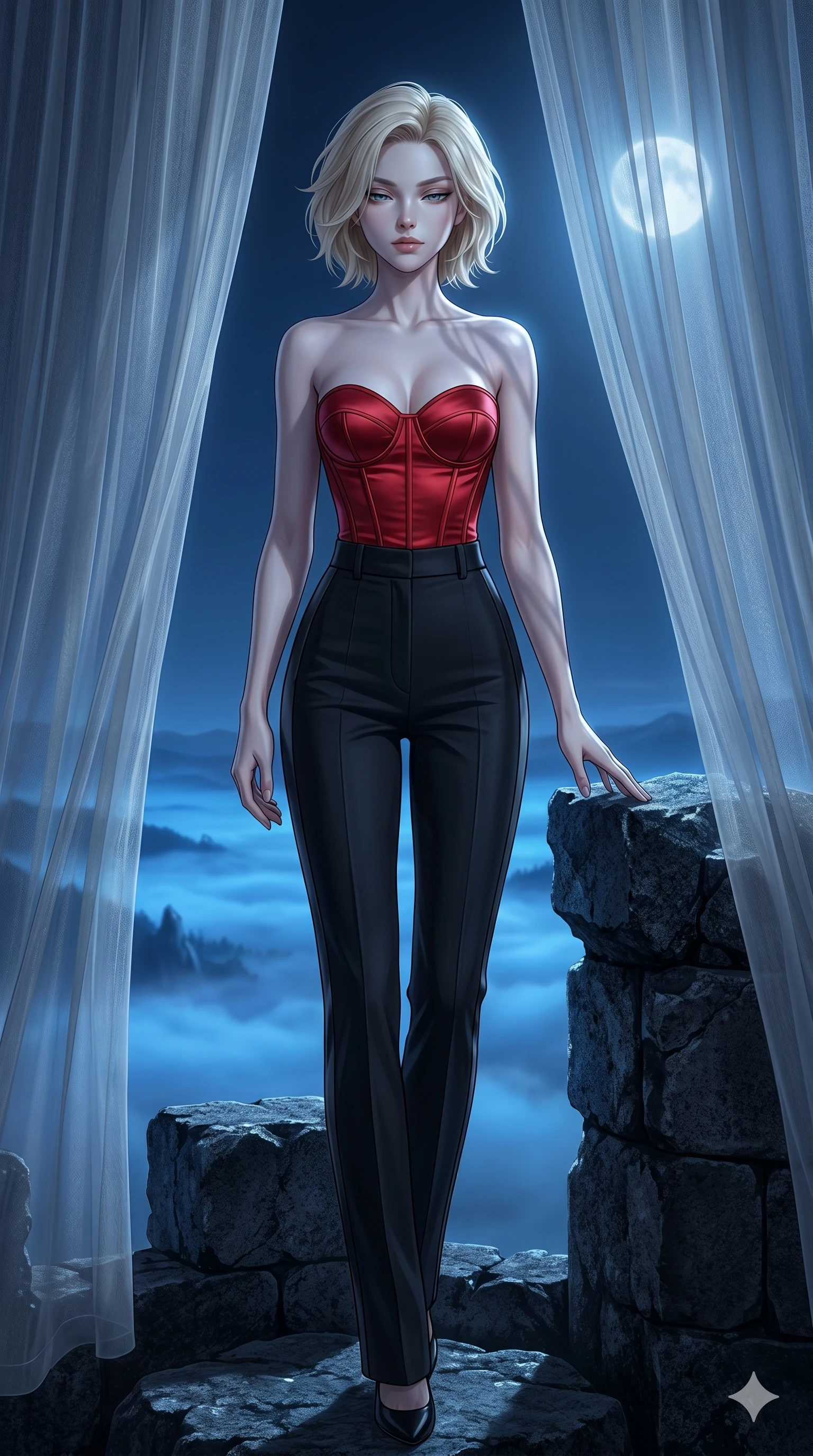 score_9, masterpiece, best quality, ultra-detailed, high-budget anime keyframe, editorial fashion photography, tasteful artistic composition, Caucasian woman, strictly human ears. cowboy shot from the thighs up, character and outfit filling the frame for maximum editorial presence. Arching her neck slightly with her eyes half-closed in composure atop a tower of dark granite overlooking a valley covered in glowing blue fog. She has an absolutely perfect 8-heads proportion, an exceptionally tall and slender female figure with impossibly long slender legs and an ultra-slim waist. V-shaped jawline, high-bridge nose, intricate jewel-like eyes with depth, thick eyelashes, glossy lips with a natural sheen. wearing a structured bustier in scarlet red satin, paired with high-waist black tailored trousers with a satin stripe down the leg. bathed in cold silver moonlight filtered through translucent gossamer curtains casting soft shadows on her curves. 2k, ultra detail, master piece, 9:16 ratio