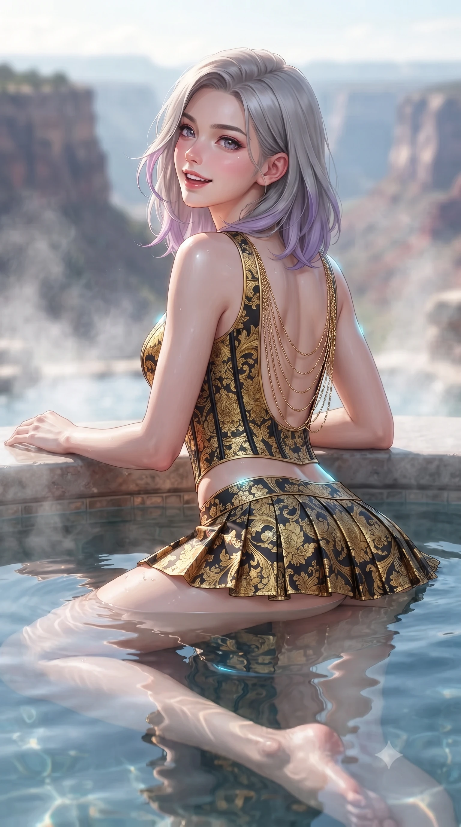score_9, masterpiece, best quality, ultra-detailed, high-budget anime keyframe, editorial fashion photography, tasteful artistic composition, Caucasian woman. close-up cowboy shot from the waist and thighs up, the character dominates the composition, filling the frame with her large presence. posing in an alluring rear three-quarter angle, looking over a bare shoulder with parted glossy lips, her hips cocked back to highlight her slim hourglass curve while lounging in the heated water propped on the pool rim with legs extended, her statuesque 8.5-heads silhouette commanding the canyon panorama. The background shows a soft-focus rising thermal pool vapor softened in breathtaking clifftop hideaway shallow focus. She has an exceptionally elegant, slender, and willowy female figure with an ultra-slim waist, flat toned midriff, narrow ribcage, and sculpted feminine hips creating an alluring, slim hourglass silhouette without bulk. sharp v-shaped jawline, high-bridge nose, intricate jewel-like sparkling eyes with depth, thick eyelashes, glossy parted lips with a natural peach sheen, bright cheerful beaming smile with an enchanting and coquettish sensual glint, exuding both youthful cute charm and seductive allure, flawlessly proportioned anatomical accuracy, strict slender model proportions, natural body alignment, perfectly sculpted long slender limbs, ultra-slim waistline, clean dynamic posture without body distortion. wearing a structured boned corset top paired with an ultra-short low-rise pleated micro mini skirt in Viennese golden secession noir and imperial 24k gold leaf, made of fluid liquid jersey with seamless sculpting hold and smooth contours, accented with an open-back drape framed by falling strands of delicate gold chains, the impeccably tailored cut draping gracefully along her slender figure with aristocratic poise. illuminated by pool water reflection bounce and sharp platinum-cyan rim lights defining her dewy collarbones, ultra-slim waist, and curvy hips. ultra-reflective glossy finish, specular highlights, rich textural contrasts, high-contrast stereoscopic depth, volumetric dynamic lighting, 2k, ultra detail, master piece, 9:16 ratio