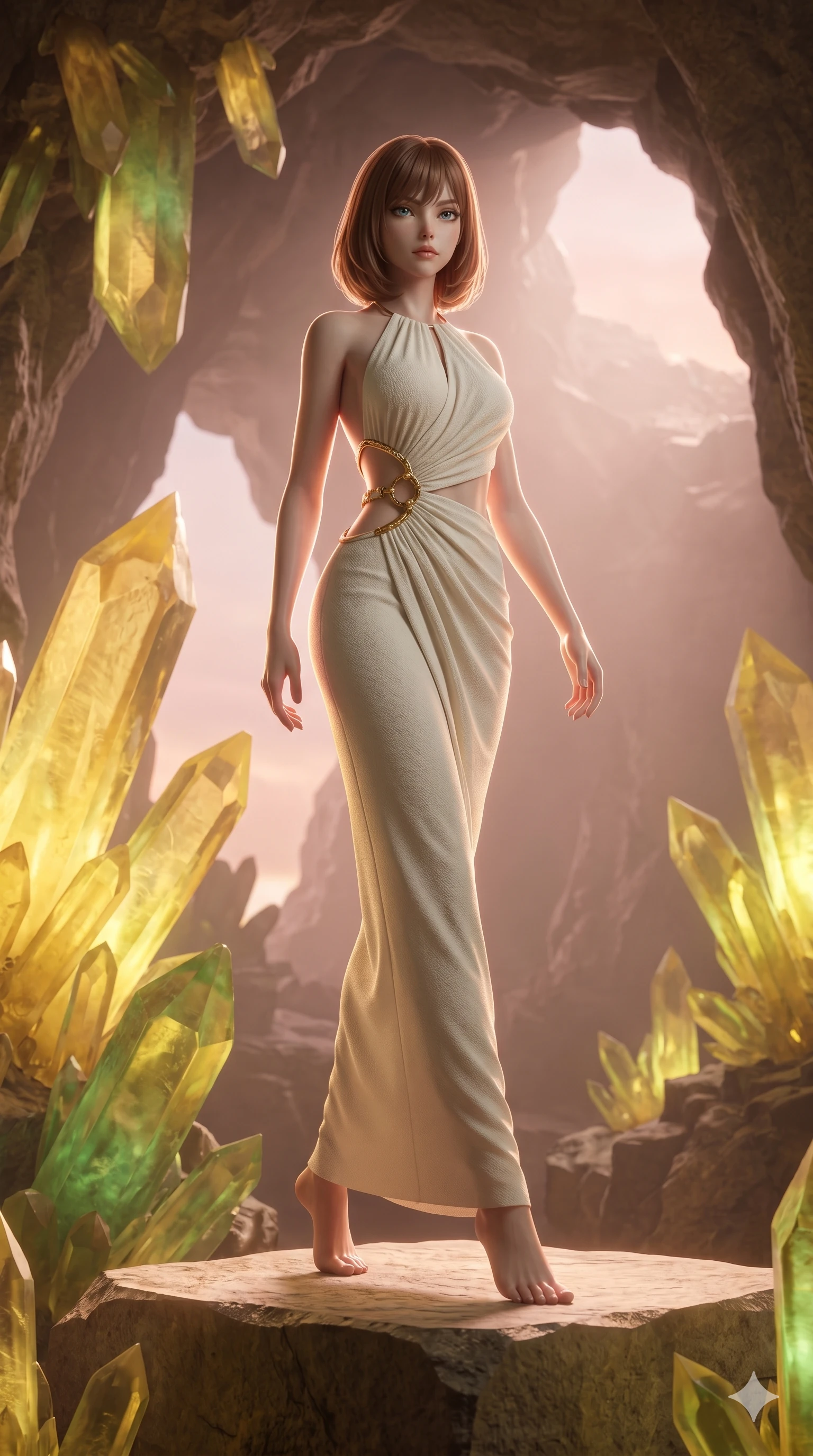 score_9, masterpiece, best quality, ultra-detailed, high-budget anime keyframe, editorial fashion photography, tasteful artistic composition, Caucasian woman, strictly human ears. low angle full-body shot from head to toe showing her feet, filling the entire 9:16 vertical frame with her statuesque presence, stretching her vertical silhouette. Stepping powerfully forward onto an elevated surface inside a cave of giant sulfur crystals casting a warm yellow and emerald glow. She has an absolutely perfect 8-heads proportion, an exceptionally tall and slender female figure with impossibly long slender legs and an ultra-slim waist. V-shaped jawline, high-bridge nose, intricate jewel-like eyes with depth, thick eyelashes, glossy lips with a natural sheen. wearing a floor-length draped gown in ivory crepe with a halter neckline and delicate geometric cutouts at the sides of the waist framed by gold-tone rings. bathed in soft rose-gold dawn light filtering through atmospheric volumetric fog that wraps her silhouette. 2k, ultra detail, master piece, 9:16 ratio