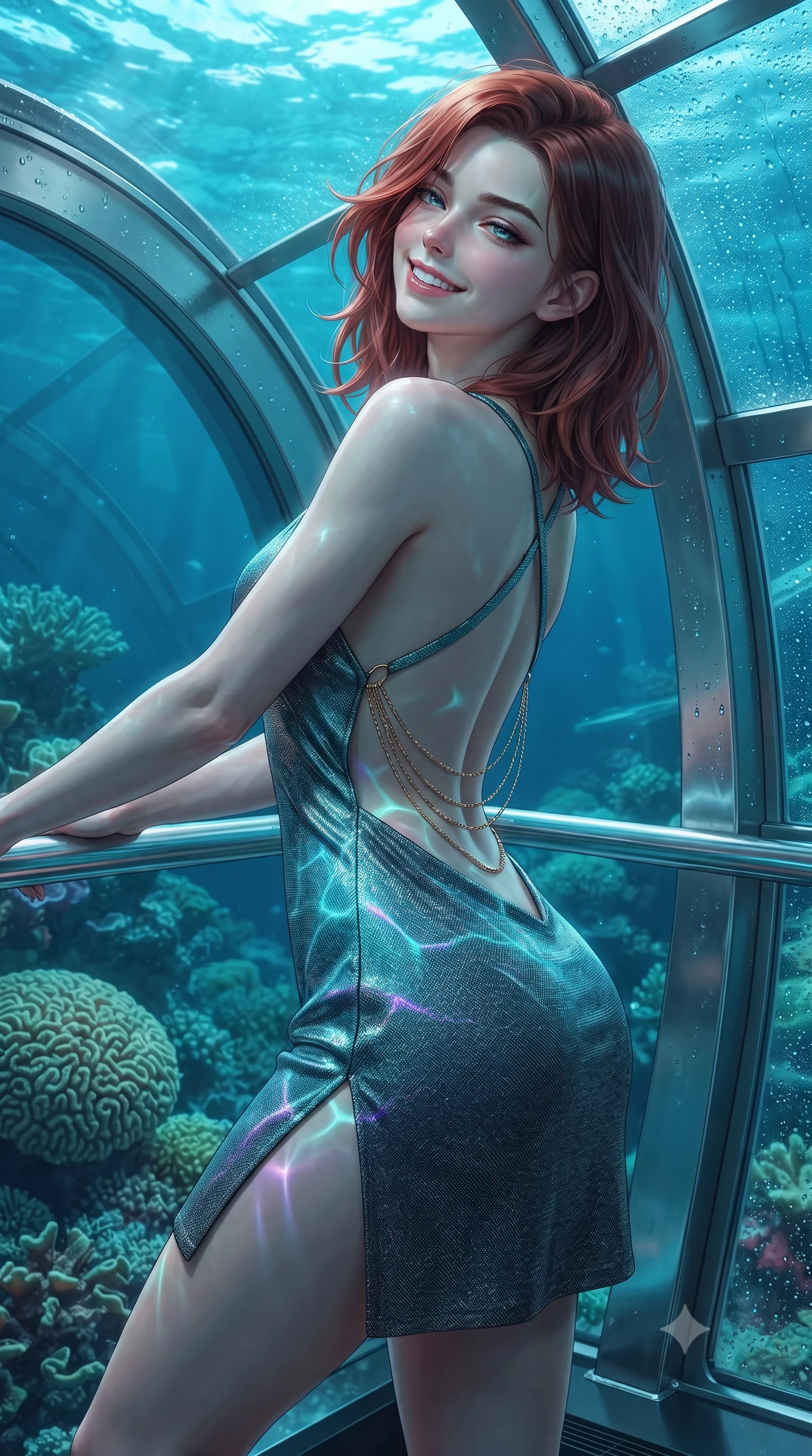 score_9, masterpiece, best quality, ultra-detailed, high-budget anime keyframe, editorial fashion photography, tasteful artistic composition, Korean woman. close-up cowboy shot from the waist and thighs up, the character dominates the composition, filling the frame with her large presence. leaning back against the balustrade with relaxed seductive grace, head tilted back slightly while casting a hypnotic, heavy-lidded gaze while twisting her slender torso in an alluring contrapposto stance on the submerged suite floor, glowing turquoise and violet coral caustics wrapping around her flat midriff and hips. The surrounding environment is rendered in vivid detail and crisp panoramic clarity: sharp thick curved acrylic dome transparency, living brain coral textures, and fine water condensation beads on frames in deep focus. She has an exceptionally elegant, slender, and willowy female figure with an ultra-slim waist, flat toned midriff, narrow ribcage, and sculpted feminine hips creating an alluring, slim hourglass silhouette without bulk. sharp v-shaped jawline, high-bridge nose, intricate jewel-like sparkling eyes with depth, thick eyelashes, glossy parted lips with a natural peach sheen, bright cheerful beaming smile with an enchanting and coquettish sensual glint, exuding both youthful cute charm and seductive allure, flawlessly proportioned anatomical accuracy, strict slender model proportions, natural body alignment, perfectly sculpted long slender limbs, ultra-slim waistline, clean dynamic posture without body distortion. wearing a backless liquid lamé mini dress with criss-cross spinal straps and daring side slit in Cape Town Atlantic aquamarine turquoise and raw granite charcoal, woven from stretch metallic lurex jersey casting radiant starlight glints across her curves, accented with an open-back drape framed by falling strands of delicate gold chains, the form-contouring silhouette accentuating her sculpted flat midriff, narrow delicate ribcage, and gracefully curvy hips with intoxicating allure. illuminated by water caustics bounce and sharp platinum-cyan rim lights sculpting her jawline, narrow waist, and curvy hips. ultra-reflective glossy finish, specular highlights, rich textural contrasts, high-contrast stereoscopic depth, volumetric dynamic lighting, 2k, ultra detail, master piece, 9:16 ratio