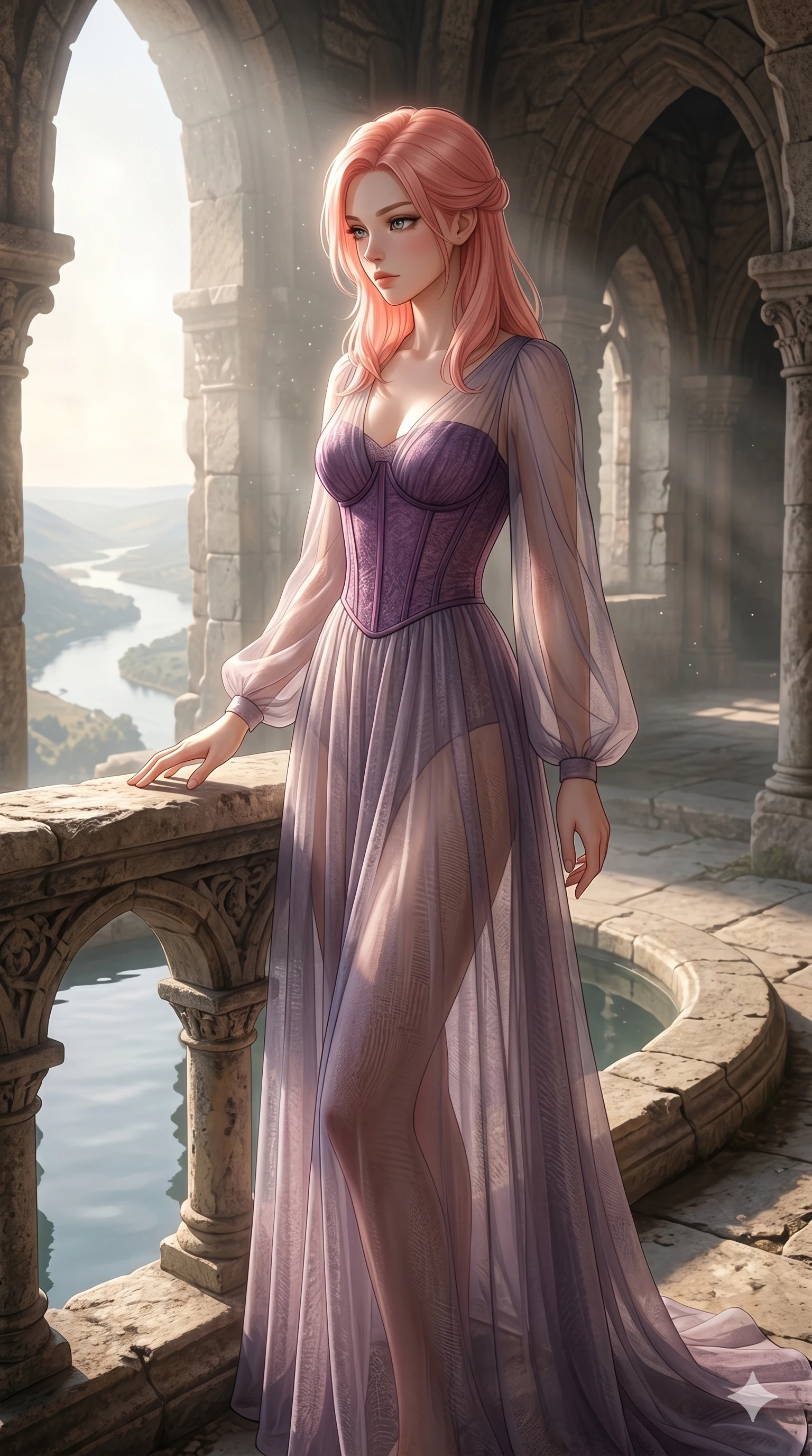 score_9, masterpiece, best quality, ultra-detailed, high-budget anime keyframe, editorial fashion photography, tasteful artistic composition, Japanese woman. cowboy shot from the thighs up, character and outfit filling the frame for maximum editorial presence. resting one hand on the pool railing, casting a slow gaze inside an ancient stone ruin overlooking a sunlit river valley (Code-P19-186). She has an absolutely perfect 8-heads proportion, an exceptionally tall and slender female figure with impossibly long slender legs and an ultra-slim waist. V-shaped jawline, high-bridge nose, intricate jewel-like eyes with depth, thick eyelashes, glossy lips with a natural sheen. wearing a sheer chiffon dress with a purple corset bodice. soft morning sunbeams filtering through the mist, creating a soft glowing atmosphere. 2k, ultra detail, master piece, 9:16 ratio