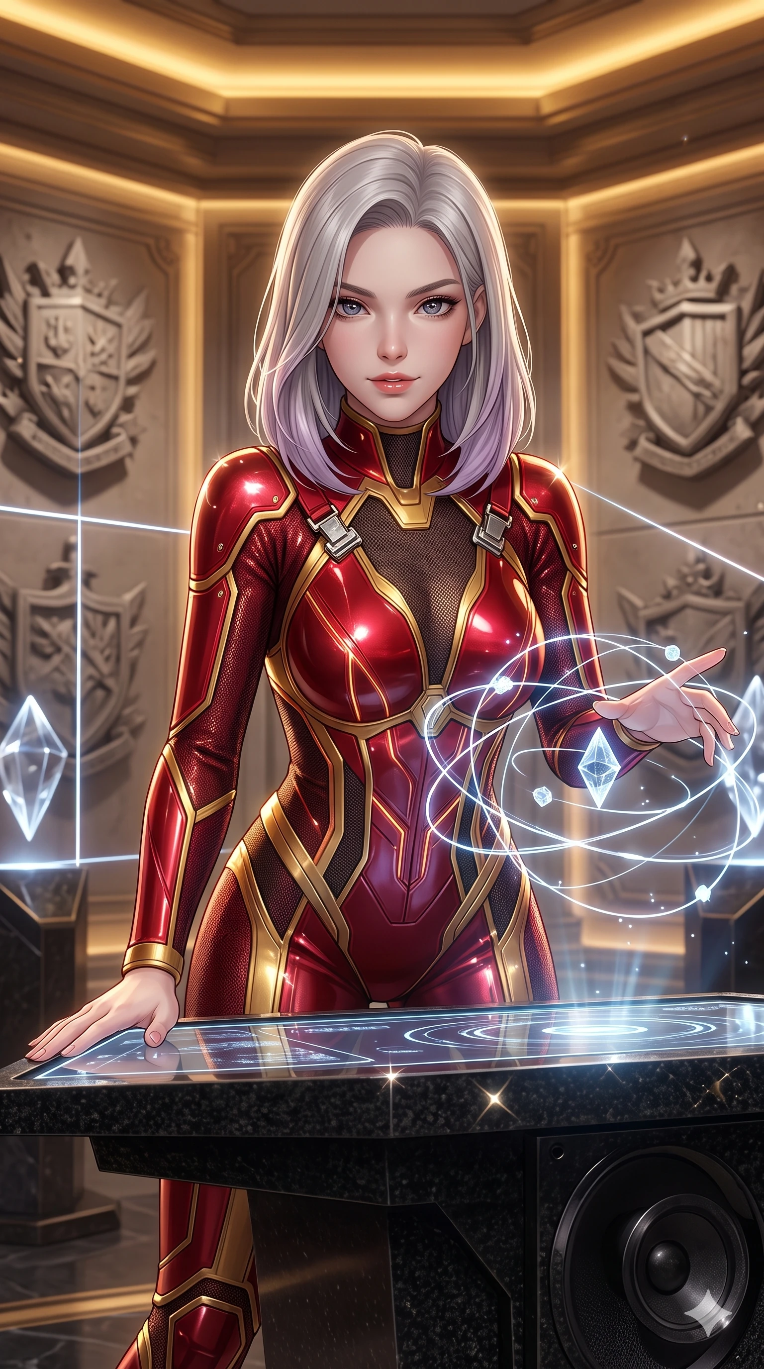 score_9, masterpiece, best quality, ultra-detailed, high-budget anime keyframe, semi-realistic 3D game render, editorial fashion photography, tasteful artistic composition, Caucasian woman. close-up cowboy shot from the waist and thighs up, the character dominates the composition, filling the frame with her large presence. leaning forward over the holographic console while arching her lower back to accentuate her curvy hips, looking into the camera with an intoxicating smoldering bedroom-gaze while standing poised at the black granite speaker podium, arching her lower back with sovereign supermodel grace as levitating cryptographic data crystals rotate in complex orbital paths. The surrounding environment is rendered in vivid detail and crisp panoramic clarity: sharp carved stone heraldic crests, polished data crystal facet bevels, and crisp laser projection lines in deep focus. She has an exceptionally elegant, slender, and willowy female figure with an ultra-slim waist, flat toned midriff, narrow ribcage, and sculpted feminine hips creating an alluring, slim hourglass silhouette without bulk. sharp v-shaped jawline, high-bridge nose, intricate jewel-like sparkling eyes with depth, thick eyelashes, glossy parted lips with a natural sheen, bright confident smile with an enchanting and coquettish sensual glint, exuding both youthful magnetic charm and sovereign high-tech allure, flawlessly proportioned anatomical accuracy, strict slender model proportions, natural body alignment, perfectly sculpted long slender limbs, ultra-slim waistline, clean dynamic posture without body distortion. wearing a translucent high-gloss polymer flight suit with internal luminescent wire filigree and tailored waist cinching in relativistic crimson and blazing accretion gold, woven from stretch metallic lurex jersey casting radiant starlight glints across her curves, finished with high-tension magnetic quick-release clasps glinting along her collarbones, the high-slit tactical tailoring accentuating her ultra-slim waistline and the enchanting curve of her feminine hips with alluring seductive charm. bathed in the prestigious warm 2800K glow of recessed golden cove lighting mixed with crisp cold white crystal data projections. highly saturated vibrant anime colors, detailed shading with soft gradients, rich glossy textures, high-contrast stereoscopic depth, volumetric dynamic lighting, master piece, 9:16 ratio