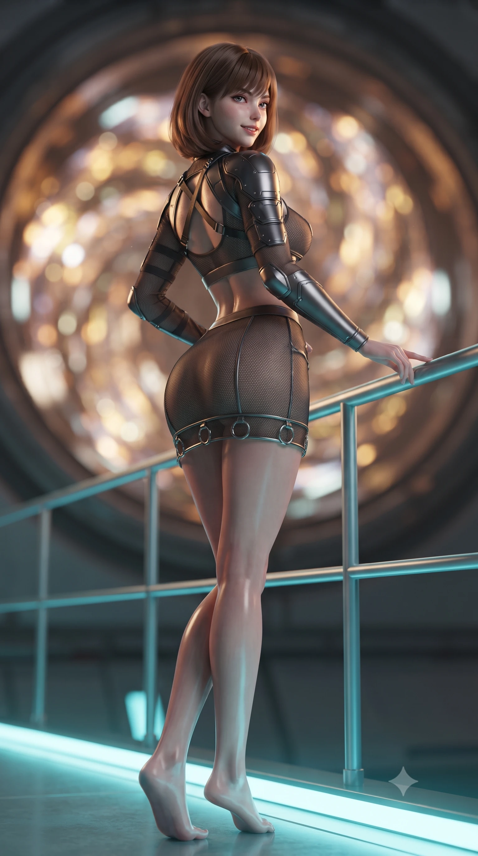 score_9, masterpiece, best quality, ultra-detailed, high-budget anime keyframe, editorial fashion photography, tasteful artistic composition, Caucasian woman. low angle full-body shot from head to toe showing her feet, filling the entire 9:16 vertical frame with her statuesque presence, stretching her vertical silhouette. standing in a tall, confident posture with one hand on a glowing metal railing, stretching her statuesque body as she arches her lower back to emphasize her sculpted feminine hips and slender waist while leaning against the heat-resistant quartz bulkhead with hips cocked back, looking over a bare shoulder with an alluring smoldering smile into the engine glow. The background shows a soft-focus the colossal magnetic containment ring and swirling orange-and-white fusion plasma vortex blurred into amber, gold, and incandescent white bokeh. She has an absolutely perfect, statuesque 8.5-heads proportion, an exceptionally tall and slender model-like female figure with impossibly long slender legs, an ultra-slim waist, a flat toned midriff, narrow delicate ribcage, and beautifully sculpted feminine hips creating a graceful, slim hourglass silhouette without any bulky heaviness. sharp v-shaped jawline, high-bridge nose, intricate jewel-like sparkling eyes with depth, thick eyelashes, glossy parted lips with a natural sheen, bright confident smile with an enchanting and coquettish sensual glint, exuding both youthful magnetic charm and sovereign high-tech allure, flawlessly proportioned anatomical accuracy, strict slender model proportions, natural body alignment, perfectly sculpted long slender limbs, ultra-slim waistline, clean dynamic posture without body distortion. wearing a modern mecha-suit two-piece set featuring a cropped armored bolero top and micro tactical skirt with chrome rings in deep titanium gunmetal and radiant magenta neon, crafted from sheer technical cyber-lace reinforced with ultra-thin Kevlar threads, finished with criss-cross Kevlar tactical straps tracing her graceful shoulder blades, the liquid-tight tailored fabric clinging flawlessly to her narrow waist and rounded feminine hips, emphasizing every millimeter of her sculpted slim hourglass curves without any bulky heaviness. illuminated by cool cyan emergency floor guides and sharp amber rim lighting sculpting her razor-sharp jawline, narrow waist, and curvy hips. ultra-reflective glossy finish, specular highlights, rich textural contrasts, high-contrast stereoscopic depth, volumetric dynamic lighting, 2k, ultra detail, master piece, 9:16 ratio