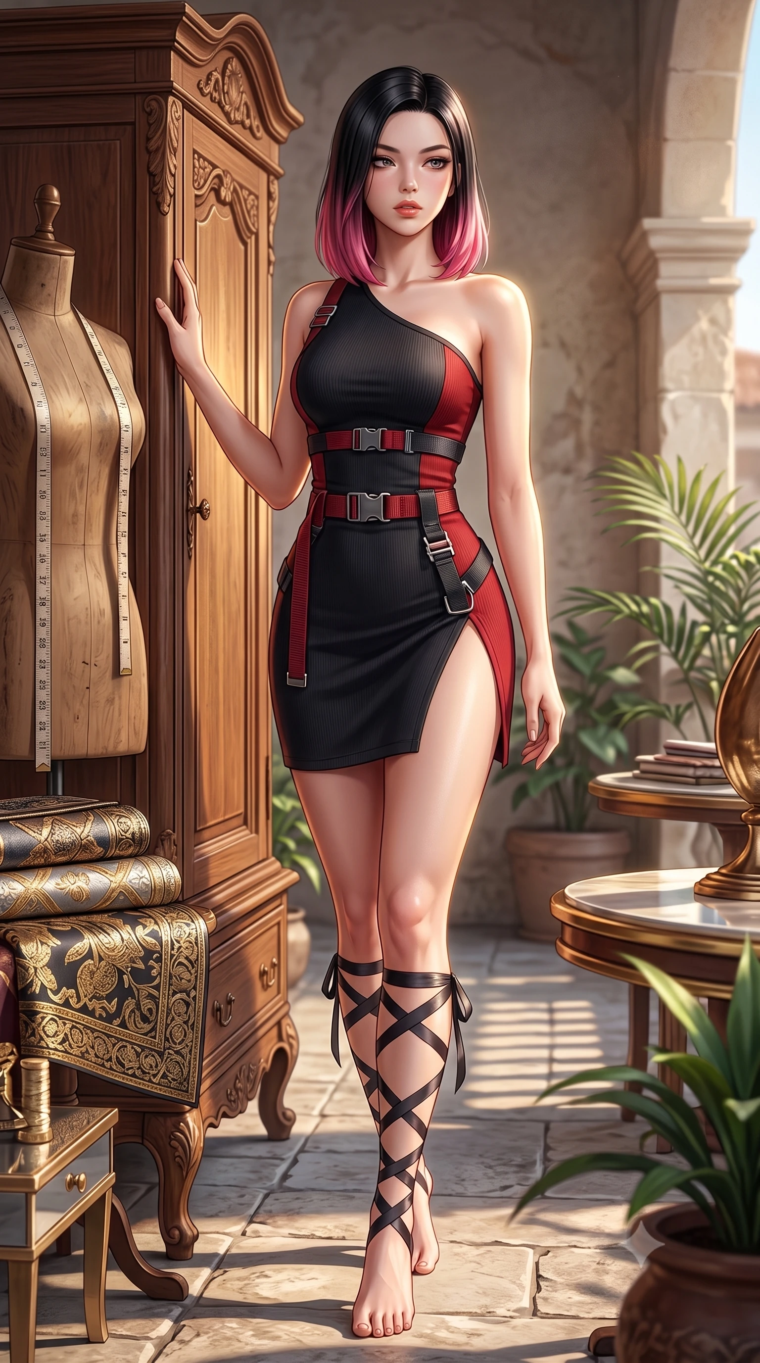 score_9, masterpiece, best quality, ultra-detailed, high-budget anime keyframe, semi-realistic 3D game render, editorial fashion photography, tasteful artistic composition, Korean woman. low angle full-body shot from head to toe showing her feet, filling the entire 9:16 vertical frame with her statuesque presence, stretching her vertical silhouette. walking along the terrace with poise, looking back over her bare shoulder with an irresistible smoldering bedroom-gaze while leaning against a carved wooden archive wardrobe with hips cocked back, looking back with an intoxicating, smoldering gaze. The surrounding environment is rendered in vivid detail and crisp panoramic clarity: sharp antique mannequin wood grain, tape measure markings, and intricate metallic brocade threads in deep focus. She has an absolutely perfect, statuesque 8.5-heads proportion, an exceptionally tall and slender model-like female figure with impossibly long slender legs, an ultra-slim waist, a flat toned midriff, narrow delicate ribcage, and beautifully sculpted feminine hips creating a graceful, slim hourglass silhouette without any bulky heaviness. sharp v-shaped jawline, high-bridge nose, sparkling eyes with hypnotic seductive depth, thick curled eyelashes, glossy parted lips with a natural dewy peach sheen, alluring bedroom-eyes with an enchanting coquettish smile, exuding magnetic siren charisma and sophisticated glamour, flawlessly proportioned anatomical accuracy, strict slender model proportions, natural body alignment, perfectly sculpted long slender limbs, ultra-slim waistline, clean dynamic posture without body distortion. wearing an asymmetric one-shoulder tactical compression mini dress with a dramatic hip-high slit and utility harness belt in matte obsidian black and tactical crimson red with gunmetal hardware, tailored from fine ribbed modal knit with gentle elastic contouring and soft hand-feel, finished with delicate satin ballet ribbon ties criss-crossing up her slender calves to the knee, the precision-cut side openings and low-back scoop framing her graceful spine and the sensual sweep of her slim, toned hips. illuminated by polished table reflection fill and sharp warm-gold rim lights defining her razor-sharp jawline, narrow waist, and curvy hips. highly saturated vibrant anime colors, detailed shading with soft gradients, rich glossy textures, high-contrast stereoscopic depth, volumetric dynamic lighting, master piece, 9:16 ratio