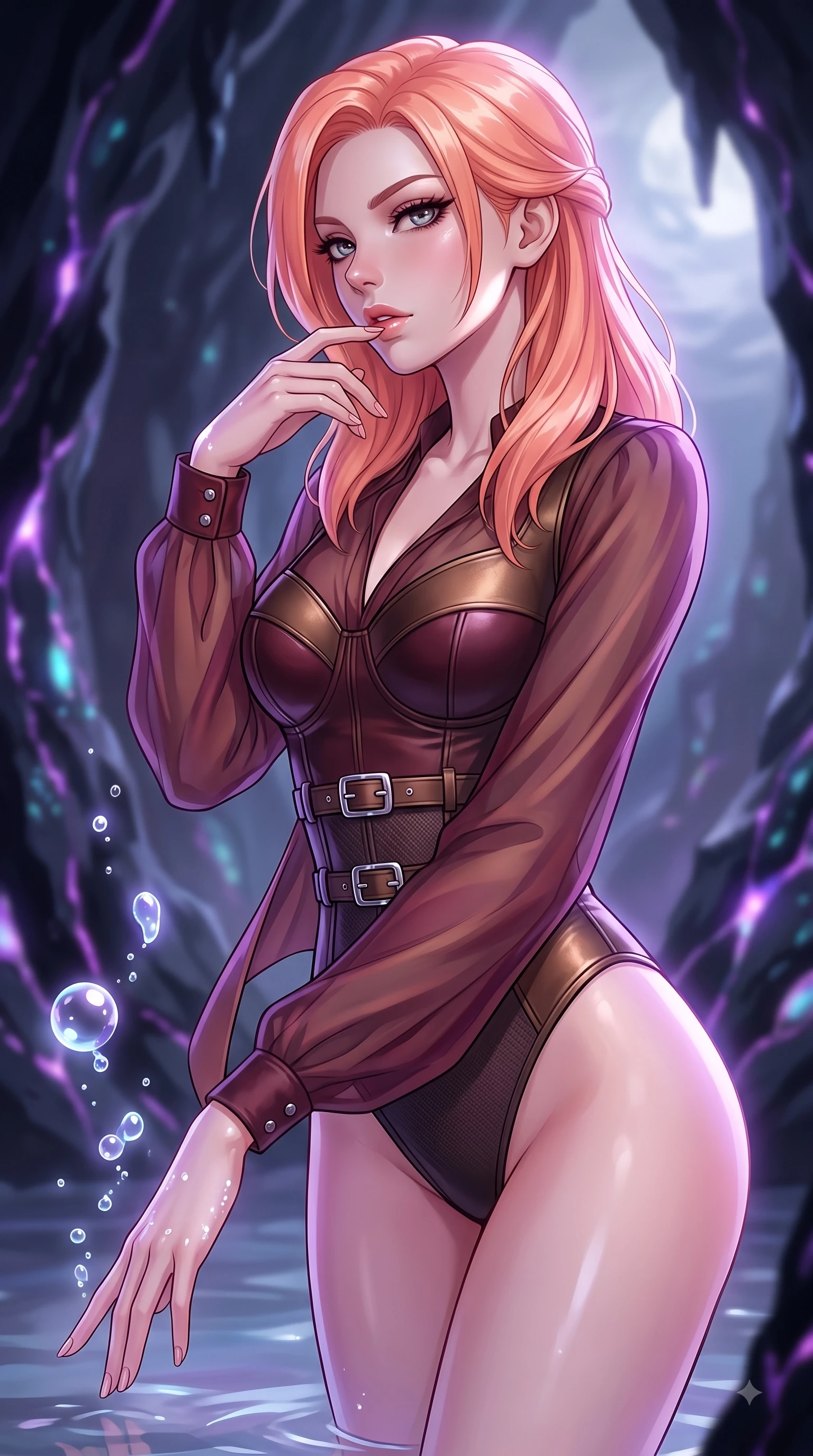 score_9, masterpiece, best quality, ultra-detailed, high-budget anime keyframe, editorial fashion photography, tasteful artistic composition, Japanese woman. close-up cowboy shot from the waist and thighs up, the character dominates the composition, filling the frame with her large presence, background elements kept in soft focus. Resting two fingers near her glossy lips, casting a sharp mysterious side-gaze during her dynamic motion while reaching one arm gently toward the water surface as bioluminescent bubbles cast pearl highlights, bioluminescent opal veins pulsing softly in the subterranean obsidian walls. She has an exceptionally elegant, slender, and willowy female figure with an ultra-slim waist, a gracefully sculpted slender torso, and a refined silhouette. sharp v-shaped jawline, high-bridge nose, intricate jewel-like eyes with depth, thick eyelashes, glossy lips with a natural sheen, flawlessly proportioned anatomical accuracy, natural body alignment, perfectly sculpted elegant limbs, clean dynamic posture without body distortion. wearing a tailored leather bustier over a sheer silk chiffon blouse in deep burgundy and bronze, made of fine carbon-fiber weave and soft matte leather, detailed with polished silver buckles along the waistline, the form-contouring material highlighting her ultra-slim waist and long lines. illuminated by luminous purple bioluminescence and serene silver moonlight. highly saturated vibrant anime colors, detailed shading with soft gradients, rich glossy textures, high-contrast stereoscopic depth, volumetric dynamic lighting, master piece, 9:16 ratio