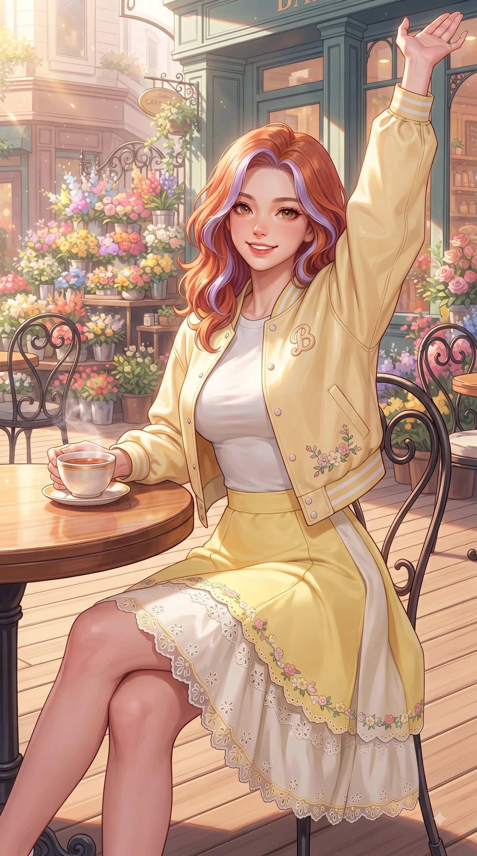 score_9, masterpiece, best quality, ultra-detailed, high-budget anime keyframe, editorial fashion photography, tasteful artistic composition, Caucasian woman. close-up cowboy shot from the waist and thighs up, the character dominates the composition, filling the frame with her large presence. Extending one arm in an elegant stretch toward the light while smiling with vibrant, youthful self-assurance while sitting gracefully at a sunlit wooden terrace table of a cozy bakery with a steaming cup of tea. The surrounding environment is rendered in vivid detail and crisp panoramic clarity. intricate floral shop displays, wrought-iron cafe chairs, and crisp architectural details rendered in vivid clarity. She has an exceptionally elegant, slender, and willowy female figure with an ultra-slim waist, a gracefully sculpted slender torso, and a refined silhouette. sharp v-shaped jawline, high-bridge nose, intricate jewel-like eyes with depth, thick eyelashes, glossy lips with a natural sheen, flawlessly proportioned anatomical accuracy, natural body alignment, perfectly sculpted elegant limbs, clean dynamic posture without body distortion. wearing a chic urban pastel yellow varsity jacket, fitted white tee, and tennis skirt in bright butter yellow and fresh cream white, woven with delicate eyelet lace and soft cotton, complemented by delicate embroidered floral trim along the hem, the soft airy drape swaying gracefully with her dynamic movements. bathed in brilliant morning sunshine and warm pastel flower shop ambient glow. ultra-reflective glossy finish, specular highlights, metallic sheen, high-contrast stereoscopic depth, volumetric dynamic lighting, 2k, ultra detail, master piece, 9:16 ratio