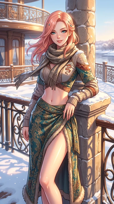 score_9, masterpiece, best quality, ultra-detailed, high-budget anime keyframe, vibrant anime aesthetic, Japanese woman. cowboy shot from the thighs up, character and outfit filling the frame for maximum presence. She is leaning against a stone pilla