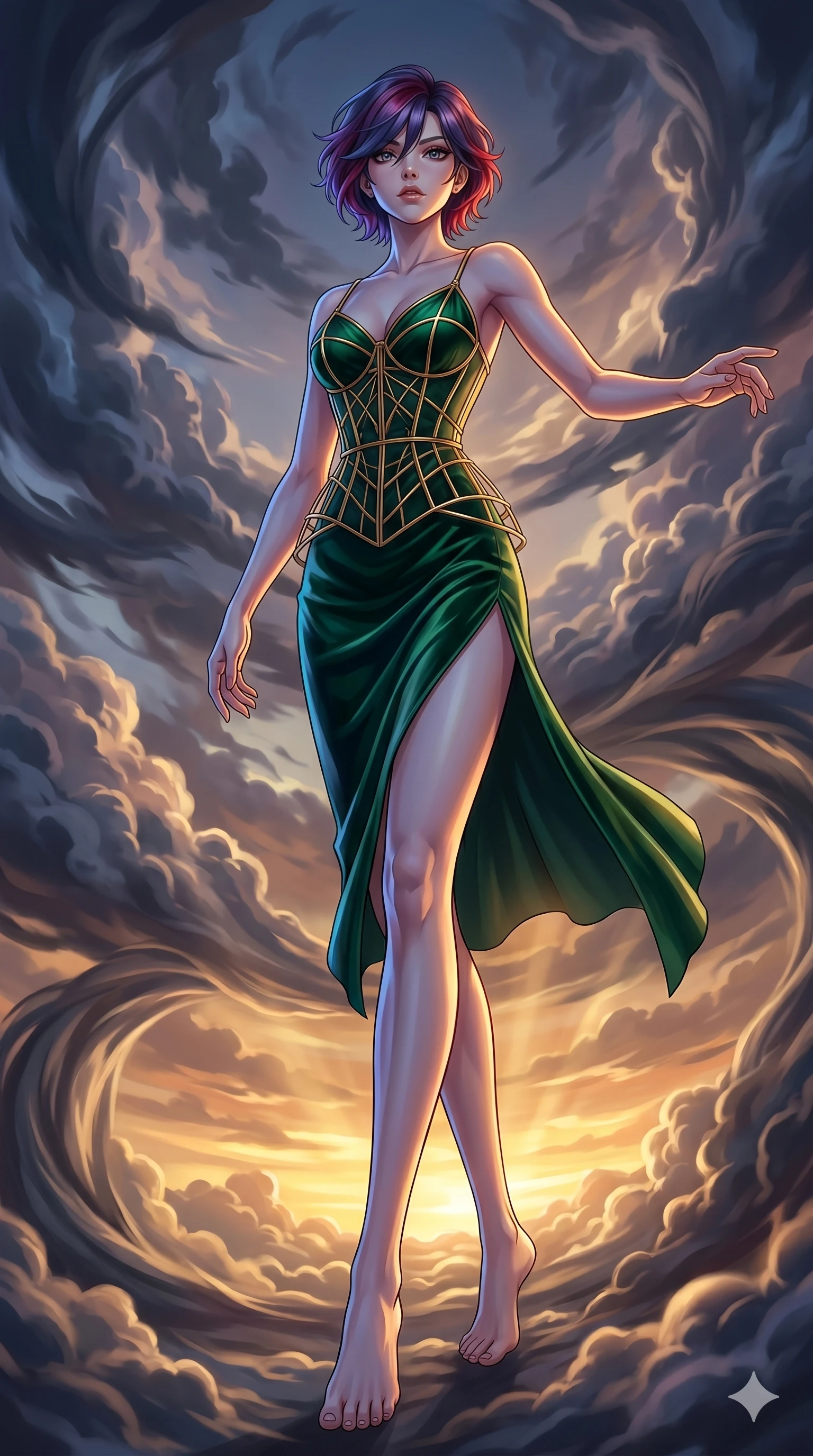 score_9, masterpiece, best quality, ultra-detailed, high-budget anime keyframe, Caucasian woman, strictly human ears. low angle full-body shot filling the entire 9:16 frame with her statuesque presence, stretching the vertical silhouette. threading through a volumetric cloud weave where storm clouds are spun like silk thread under a dramatic sunset glow. She has an absolutely perfect 8-heads proportion, an exceptionally tall and slender female figure with impossibly long slender legs and an ultra-slim waist. V-shaped jawline, high-bridge nose, intricate jewel-like eyes with depth, thick eyelashes, glossy lips with a natural sheen.. wearing a mathematical gold wire cage corset and an emerald green silk velvet slip dress with a thigh-high side slit. accented by dynamic color-blocked lighting with high-contrast shadows emphasizing her statuesque height. 2k, ultra detail, master piece, 9:16 ratio
