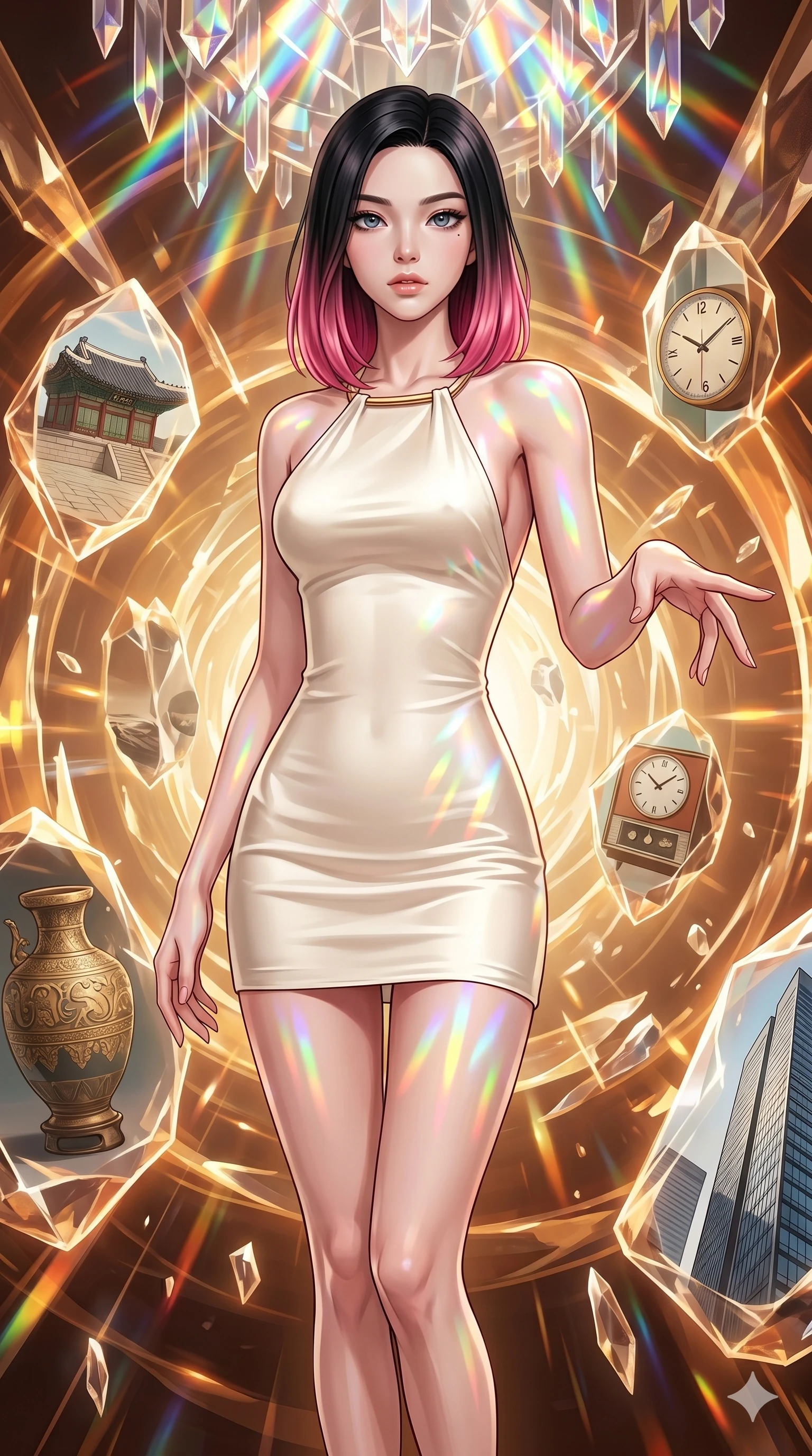 score_9, masterpiece, best quality, ultra-detailed, high-budget anime keyframe, editorial fashion photography, tasteful artistic composition, Korean woman. cowboy shot from the thighs up, character and outfit filling the frame for maximum editorial presence. Reaching one hand toward the viewer with relaxed elegance within a temporal rift corridor of different eras suspended in amber light. She has an absolutely perfect 8-heads proportion, an exceptionally tall and slender female figure with impossibly long slender legs and an ultra-slim waist. V-shaped jawline, high-bridge nose, intricate jewel-like eyes with depth, thick eyelashes, glossy lips with a natural sheen. wearing an ultra-minimalist halter-neck mini dress in warm ivory stretch satin with a simple open-back, architectural hardware at the neck, and a perfectly form-contouring body ending at upper-thigh. illuminated by cascading rainbow prismatic light refracting through crystal overhead and casting patterns on her skin. 2k, ultra detail, master piece, 9:16 ratio