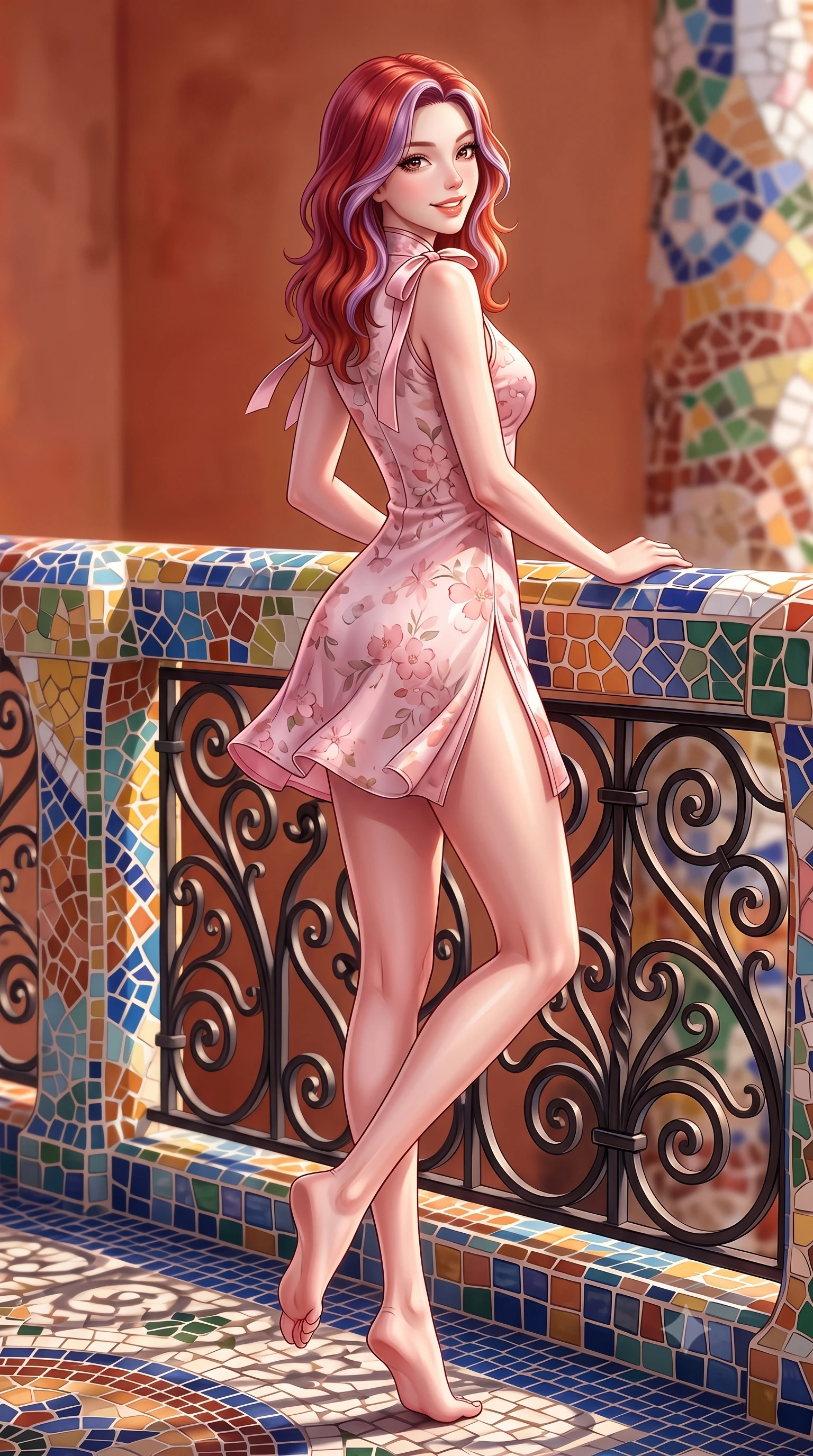 score_9, masterpiece, best quality, ultra-detailed, high-budget anime keyframe, semi-realistic 3D game render, editorial fashion photography, tasteful artistic composition, Caucasian woman. low angle full-body shot from head to toe showing her feet, filling the entire 9:16 vertical frame with her statuesque presence, stretching her vertical silhouette. executing a cheerful mid-motion pivot turn as her skirt flutters around her slender legs, glancing over her shoulder with an intoxicating, teasing cute expression while leaning against the colorful Gaudi-style mosaic balustrade with hips cocked back, looking over her shoulder with an alluring, coquettish gaze. The surrounding environment is rendered in vivid detail and crisp panoramic clarity. sharp ceramic mosaic glaze reflections, wrought-iron floral scrollwork, and balcony floor tiles in deep focus. She has an exceptionally tall and slender model-like 8.5-heads proportion, an ultra-slim waist, a flat toned midriff, narrow delicate ribcage, and beautifully sculpted feminine hips creating a graceful, slim hourglass silhouette without any bulky heaviness, with impossibly long slender legs. sharp v-shaped jawline, high-bridge nose, intricate jewel-like sparkling eyes with depth, thick eyelashes, glossy parted lips with a natural peach sheen, bright cheerful beaming smile with an enchanting and coquettish sensual glint, exuding both youthful cute charm and seductive allure, flawlessly proportioned anatomical accuracy, strict slender model proportions, natural body alignment, perfectly sculpted long slender limbs, ultra-slim waistline, clean dynamic posture without body distortion. wearing a modern cute qipao mini dress with double side slits ascending to the hip in pastel floral silk in cherry blossom pink and soft rose gold, tailored from fine lightweight chiffon that flutters gently in the breeze, finished with cute satin bow ribbons tying at the shoulders, the liquid-tight tailored fabric clinging flawlessly to her narrow waist and rounded feminine hips, emphasizing every millimeter of her sculpted slim hourglass curves without any bulky heaviness. illuminated by warm terracotta wall bounce fill sharply defining her sculpted collarbones, ultra-slim waist, and curvy hips. highly saturated vibrant anime colors, detailed shading with soft gradients, rich glossy textures, high-contrast stereoscopic depth, volumetric dynamic lighting, master piece, 9:16 ratio