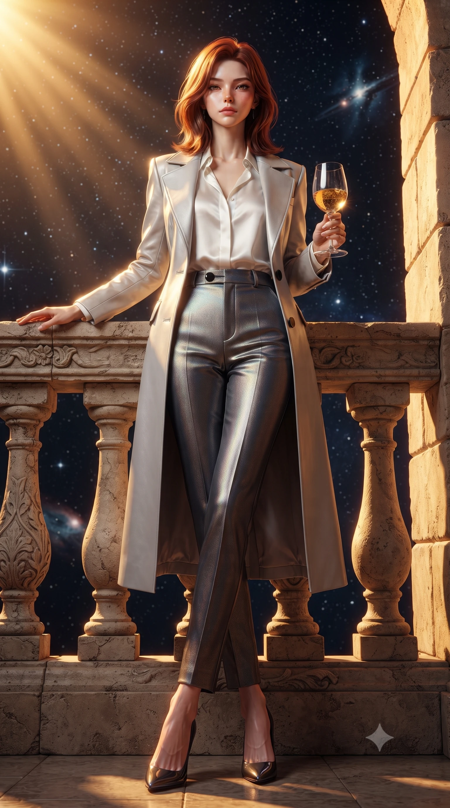 score_9, masterpiece, best quality, ultra-detailed, high-budget anime keyframe, editorial fashion photography, tasteful artistic composition, Korean woman. low angle full-body shot from head to toe showing her feet, filling the entire 9:16 vertical frame with her statuesque presence, stretching her vertical silhouette. leaping dynamically through the starry space, her posture full of power and elegance, resting against a stone balustrade holding a crystal glass of golden wine, intense golden-hour sunbeams casting warm amber light across her skin. She has an absolutely perfect, statuesque 8.5-heads proportion, an exceptionally tall and slender model-like female figure with impossibly long slender legs and an ultra-slim waist. sharp v-shaped jawline, high-bridge nose, intricate jewel-like eyes with depth, thick eyelashes, glossy lips with a natural sheen. wearing structured platinum leather long coat over white silk blouse and tailored slacks in metallic dark silver, made of iridescent dark violet taffeta, adorned with minimalist black onyx hardware framing the silhouette, highlighting her statuesque proportions and ultra-slim waistline. illuminated by rich amber daylight and warm fill light from stone walls. ultra-reflective glossy finish, specular highlights, metallic sheen, high-contrast stereoscopic depth, volumetric dynamic lighting, 2k, ultra detail, master piece, 9:16 ratio
