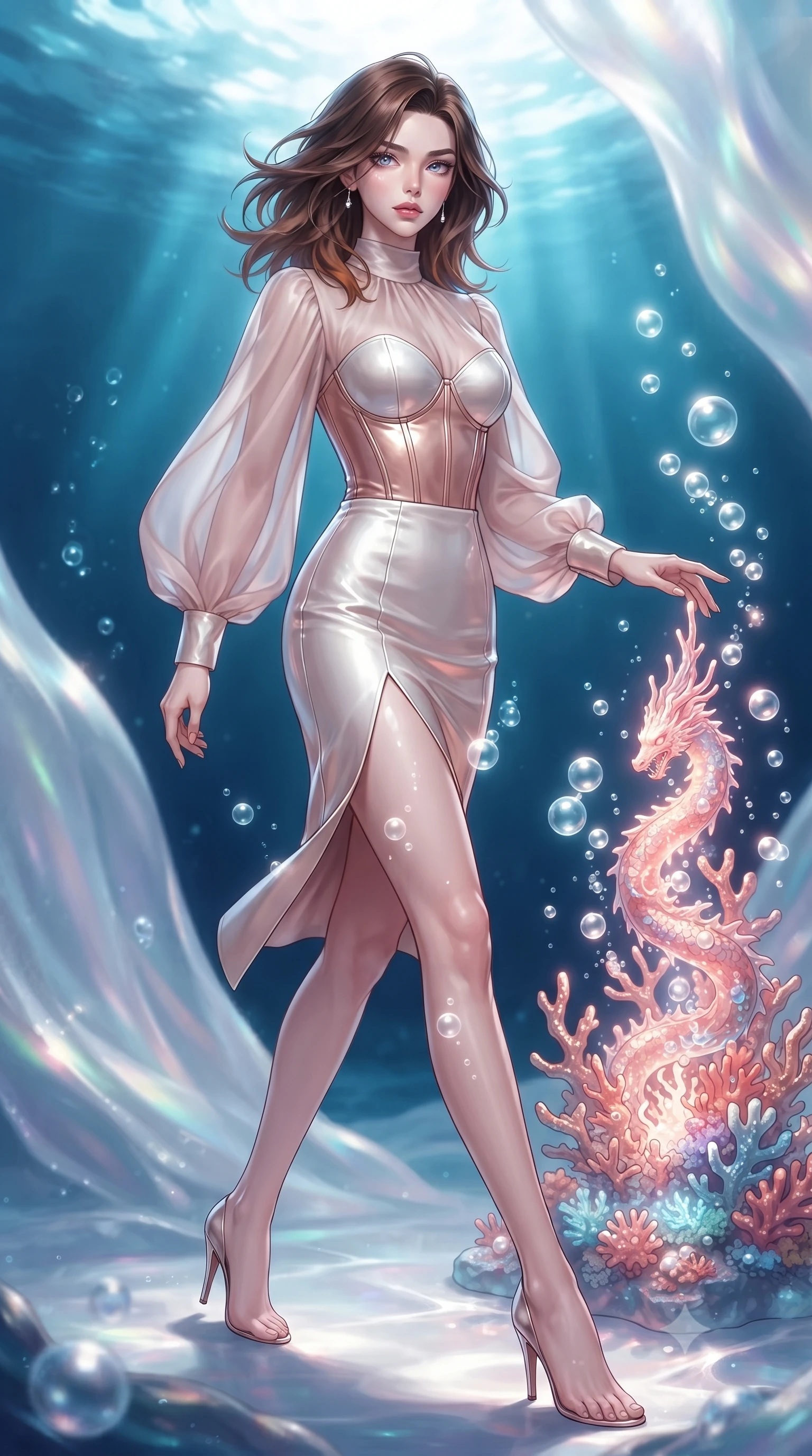 score_9, masterpiece, best quality, ultra-detailed, high-budget anime keyframe, editorial fashion photography, tasteful artistic composition, Korean woman. low angle full-body shot from head to toe showing her feet, filling the entire 9:16 vertical frame with her statuesque presence, stretching her vertical silhouette. stepping forward in a proud dynamic stride, her vertical silhouette filling the frame with statuesque presence while reaching her hand out to touch a glowing coral dragon spire surrounded by rising bubbles, rising bioluminescent bubbles casting soft pearl-like highlights on her skin. She has an absolutely perfect, statuesque 8.5-heads proportion, an exceptionally tall and slender model-like female figure with impossibly long slender legs and an ultra-slim waist. sharp v-shaped jawline, high-bridge nose, intricate jewel-like eyes with depth, thick eyelashes, glossy lips with a natural sheen, flawlessly proportioned anatomical accuracy, natural body alignment, perfectly sculpted elegant limbs, clean dynamic posture without body distortion. wearing a tailored leather bustier over a sheer silk chiffon blouse in pearl white and rose gold, tailored from high-gloss patent leather, finished with a sleek side slit ascending to mid-thigh, the elegant draped fit framing her graceful clavicle and slender torso. surrounded by a shimmering ocean aura with bright pearl-white specular rim lights. ultra-reflective glossy finish, specular highlights, metallic sheen, high-contrast stereoscopic depth, volumetric dynamic lighting, 2k, ultra detail, master piece, 9:16 ratio