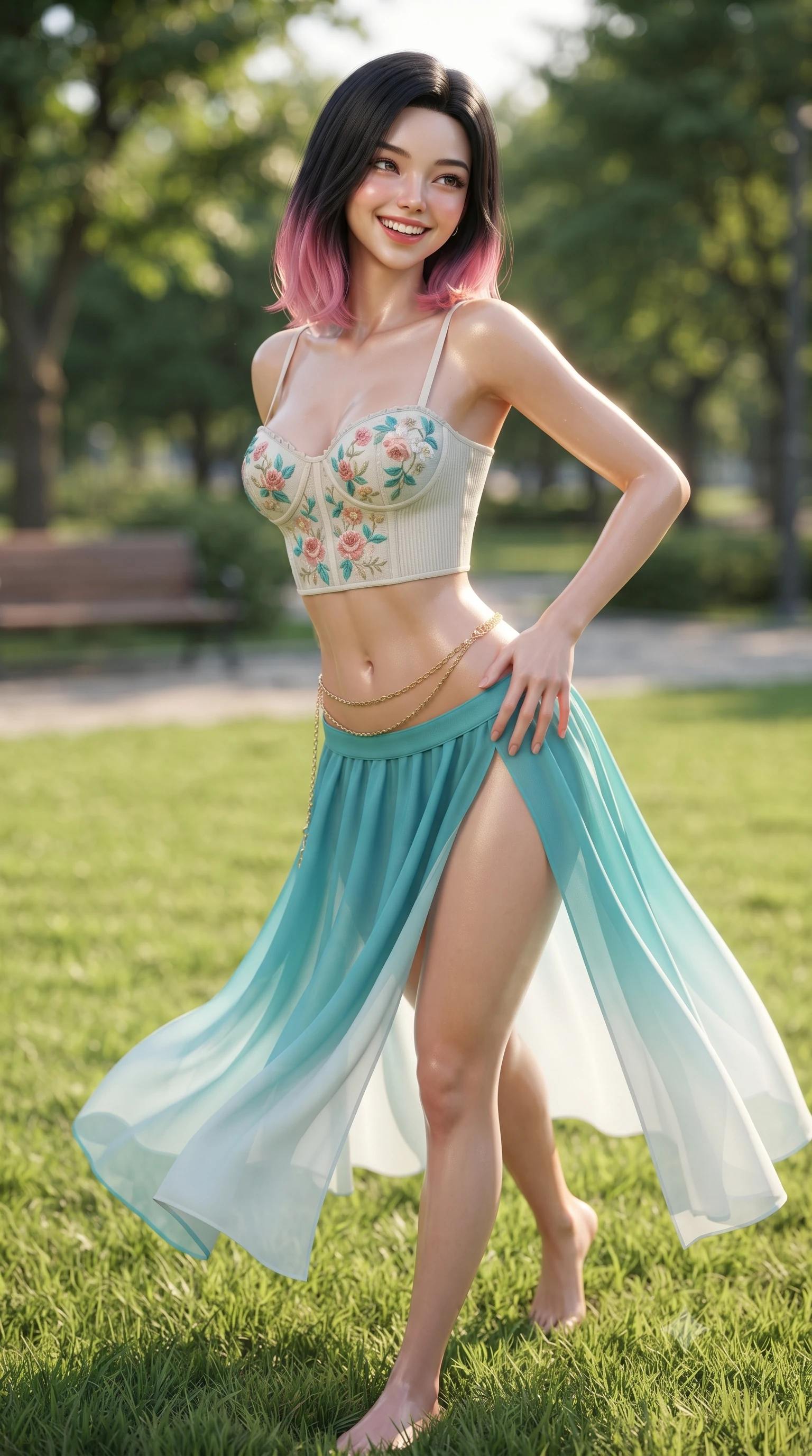 score_9, masterpiece, best quality, ultra-detailed, high-budget anime keyframe, editorial fashion photography, tasteful artistic composition, Korean woman. close-up cowboy shot from the waist and thighs up, the character dominates the composition, filling the frame with her large presence. tilting her head with a cute beaming smile while arching her spine with effortless dancer poise, one hand sliding along her hip line in a flirtatious S-curve while walking barefoot along the soft green grass, twisting her slender torso in an alluring contrapposto stance with a joyful, beaming expression. The surrounding environment is rendered in vivid detail and crisp panoramic clarity. detailed knit top texture, warm sun glints on skin, and park landscape clarity in high resolution. She has an exceptionally elegant, slender, and willowy female figure with an ultra-slim waist, flat toned midriff, narrow ribcage, and sculpted feminine hips creating an alluring, slim hourglass silhouette without bulk. sharp v-shaped jawline, high-bridge nose, intricate jewel-like sparkling eyes with depth, thick eyelashes, glossy parted lips with a natural peach sheen, bright cheerful beaming smile with an enchanting and coquettish sensual glint, exuding both youthful cute charm and seductive allure, flawlessly proportioned anatomical accuracy, strict slender model proportions, natural body alignment, perfectly sculpted long slender limbs, ultra-slim waistline, clean dynamic posture without body distortion. wearing a delicate floral embroidery bustier top paired with a flowy high-slit chiffon maxi skirt with a side hip opening in ocean turquoise and sea-salt white, formed from supple second-skin stretch ribbed knit clinging to her form, accented with a delicate gold chain belt resting loosely on her curvy hips, the form-contouring cut accentuating her sculpted flat midriff, narrow delicate ribcage, and gracefully curvy hips with supermodel precision. illuminated by soft grass bounce light contouring her sculpted collarbones, ultra-slim waist, and curvy hips. ultra-reflective glossy finish, specular highlights, rich textural contrasts, high-contrast stereoscopic depth, volumetric dynamic lighting, 2k, ultra detail, master piece, 9:16 ratio