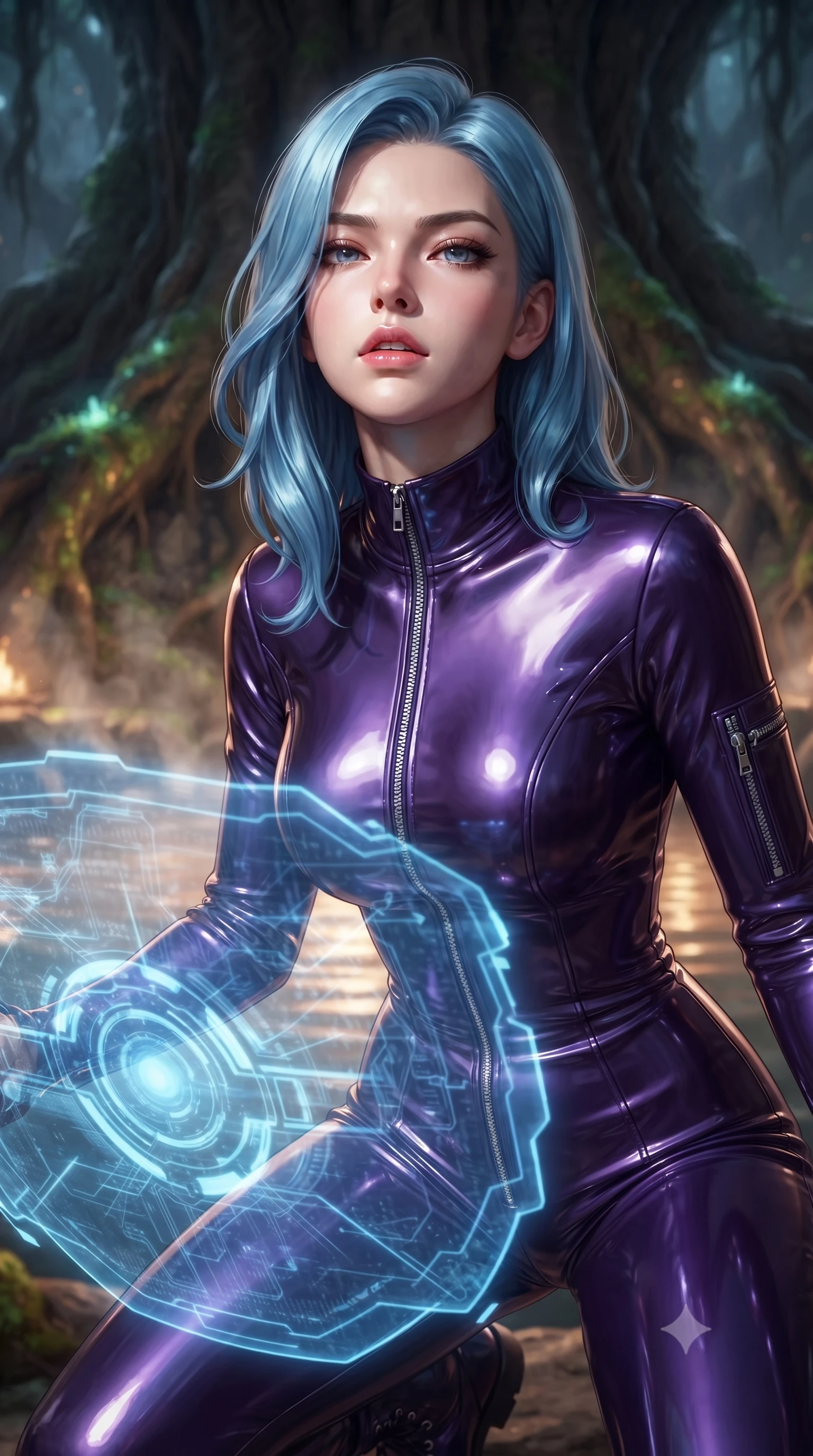 score_9, masterpiece, best quality, ultra-detailed, high-budget anime keyframe, editorial fashion photography, tasteful artistic composition, Korean woman. close-up cowboy shot from the waist and thighs up, the character dominates the composition, filling the frame with her large presence, background elements kept in soft focus. crouching slightly behind a glowing holographic shield emitter, looking up with defiance and lips slightly parted, the background shows a soft-focus a root cavity hot spring inside a banyan tree, with warm water and steam. She has an exceptionally elegant, slender, and willowy female figure with an ultra-slim waist, a gracefully sculpted slender torso, and a refined silhouette. sharp v-shaped jawline, high-bridge nose, intricate jewel-like eyes with depth, thick eyelashes, glossy lips with a natural sheen. wearing a body-hugging form-contouring pilot flight suit in deep purple liquid vinyl, featuring a snug mock-neck and chrome zipper details. soft flickering light from glowing moss reflecting on the water surface. ultra-reflective glossy finish, specular highlights, metallic sheen, high-contrast stereoscopic depth, volumetric dynamic lighting, 2k, ultra detail, master piece, 9:16 ratio