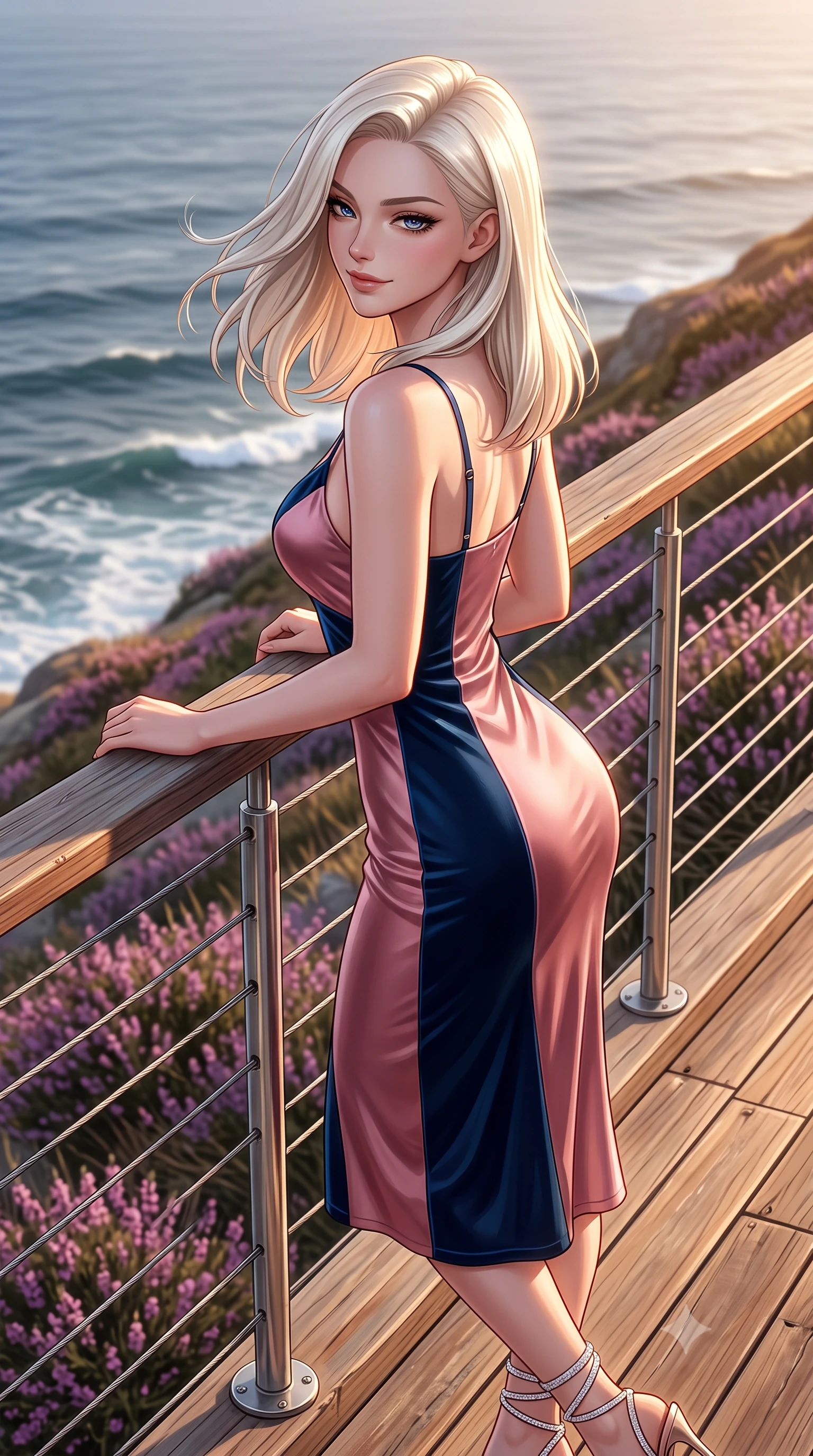 score_9, masterpiece, best quality, ultra-detailed, high-budget anime keyframe, semi-realistic 3D game render, editorial fashion photography, tasteful artistic composition, Caucasian woman. close-up cowboy shot from the waist and thighs up, the character dominates the composition, filling the frame with her large presence. turning slowly with an enchanting smoldering smile, her glossy hair tossing in the breeze as her hips angle gracefully in a captivating contrapposto while leaning against the nautical wire balustrade with hips cocked back, looking out over rolling Atlantic swells with heavy-lidded bedroom-eyes. The surrounding environment is rendered in vivid detail and crisp panoramic clarity: sharp weathered teak plank grain, stainless steel cable balustrade fittings, and blooming purple heather textures in deep focus. She has an exceptionally elegant, slender, and willowy female figure with an ultra-slim waist, flat toned midriff, narrow ribcage, and sculpted feminine hips creating an alluring, slim hourglass silhouette without bulk. sharp v-shaped jawline, high-bridge nose, intricate jewel-like sparkling eyes with depth, thick eyelashes, glossy parted lips with a natural peach sheen, bright cheerful beaming smile with an enchanting and coquettish sensual glint, exuding both youthful cute charm and seductive allure, flawlessly proportioned anatomical accuracy, strict slender model proportions, natural body alignment, perfectly sculpted long slender limbs, ultra-slim waistline, clean dynamic posture without body distortion. wearing a liquid satin slip dress tailored with bias-cut curves clinging smoothly over her hips in Brittany pink granite rose and deep Atlantic navy, tailored from ultra-plush silk velvet with rich tactile depth and deep shadow gradients, complemented by strappy stiletto sandals with crystal ankle wraps accentuating her slender calves, the form-contouring silhouette accentuating her sculpted flat midriff, narrow delicate ribcage, and gracefully curvy hips with intoxicating allure. illuminated by deck wood reflection bounce and sharp copper-gold rim lights sculpting her jawline, narrow waist, and curvy hips. highly saturated vibrant anime colors, detailed shading with soft gradients, rich glossy textures, high-contrast stereoscopic depth, volumetric dynamic lighting, master piece, 9:16 ratio